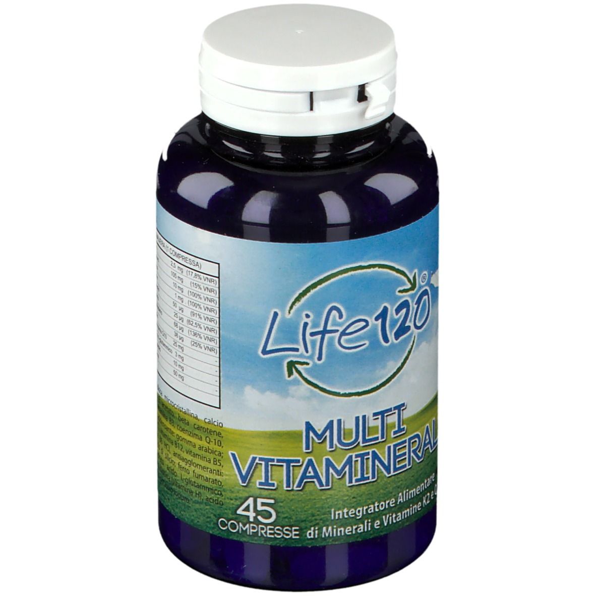 Flacone blu con tappo bianco. Scritta Life120 Multi Vitamineral. 45 compresse. Informazioni nutrizionali.
