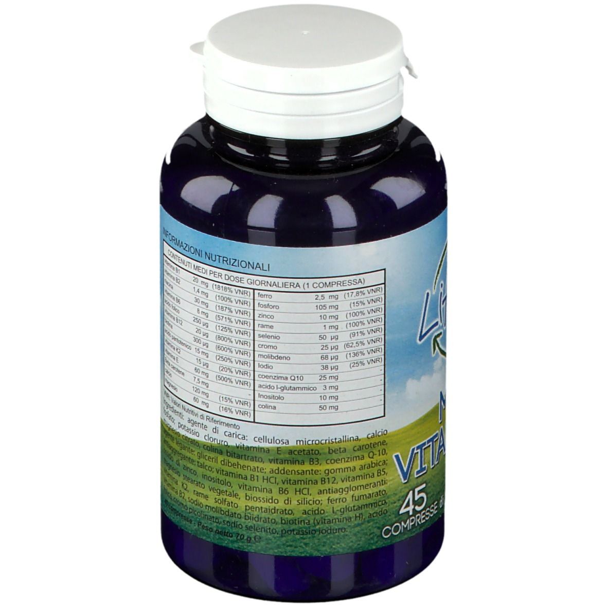 Flacone blu con tappo bianco. Scritta Life120 Multi Vitamineral. 45 compresse. Informazioni nutrizionali.