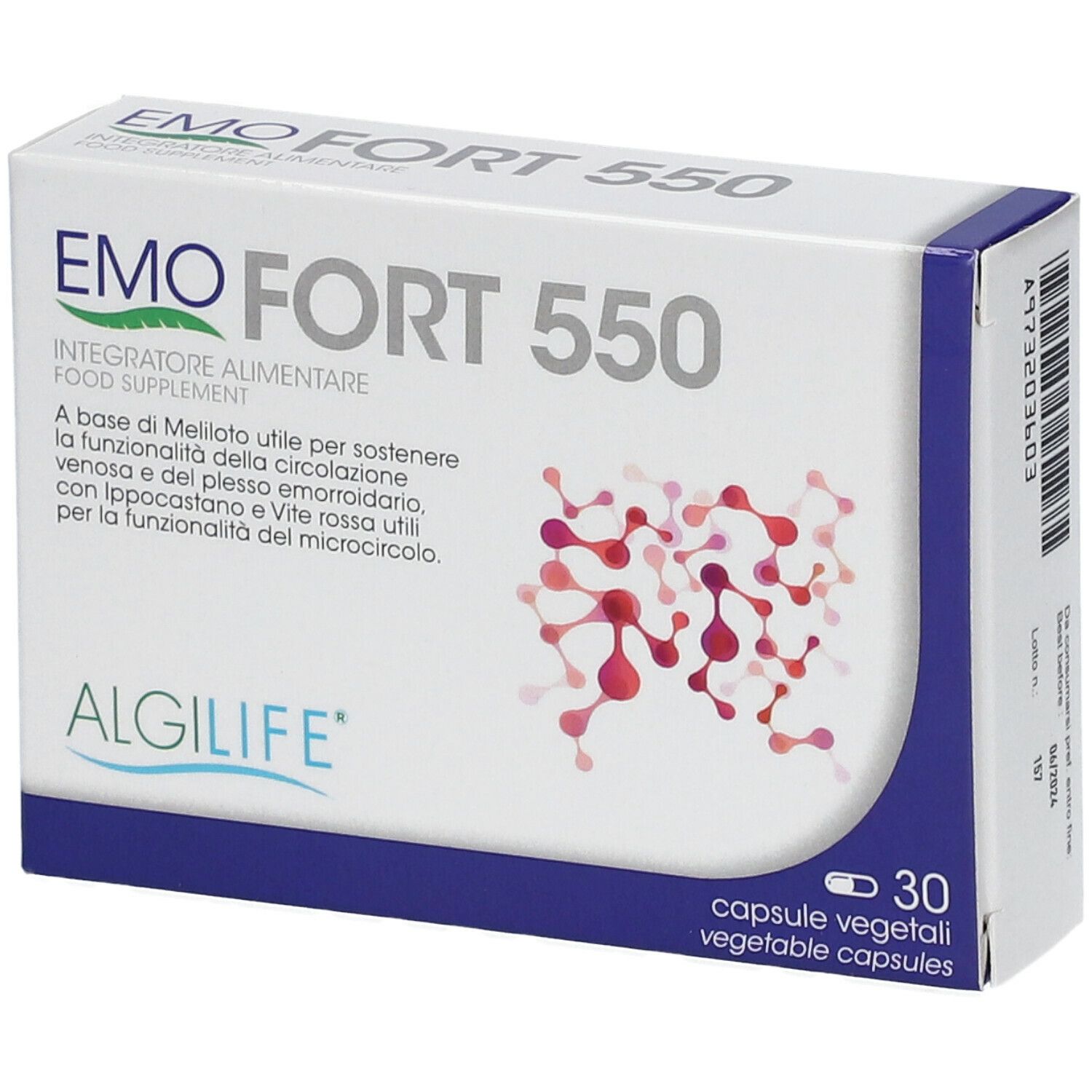 Scatola "EMO FORT 550". Confezione bianca e blu con informazioni sul prodotto e 30 capsule vegetali.