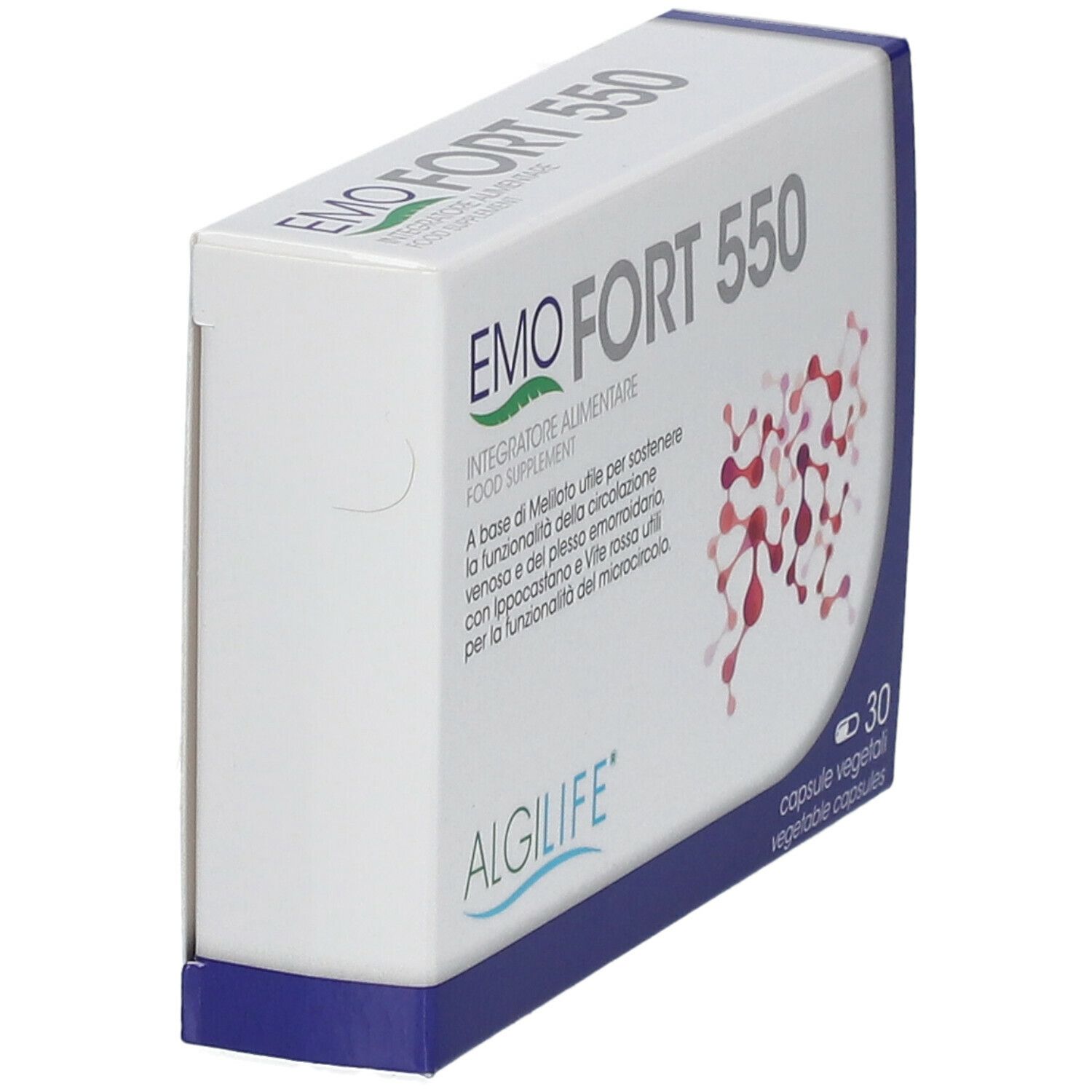 Scatola "EMO FORT 550" in prospettiva. Confezione bianca con base blu e informazioni sul prodotto.