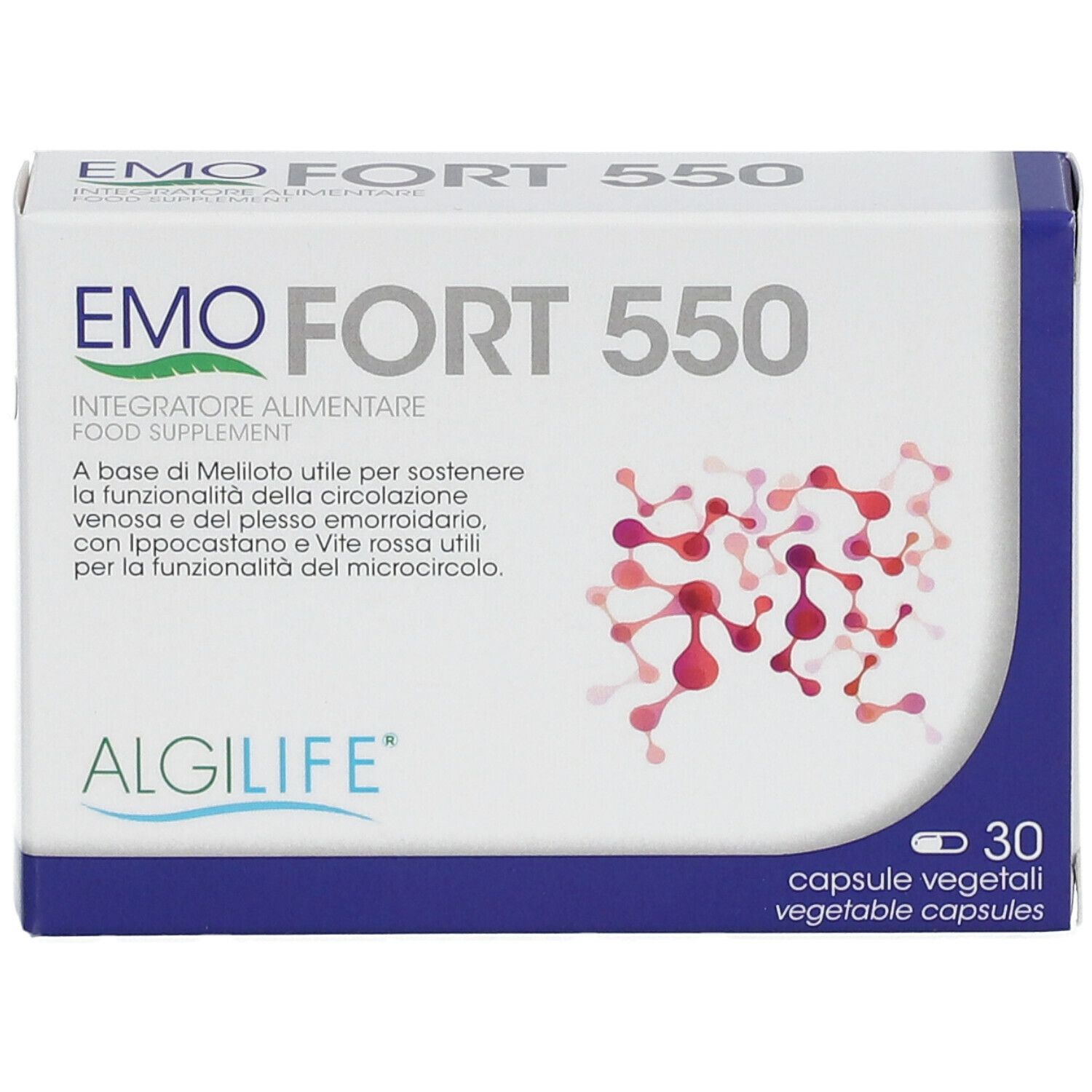 Fronte della scatola "EMO FORT 550". Confezione bianca con base blu e informazioni sul prodotto.