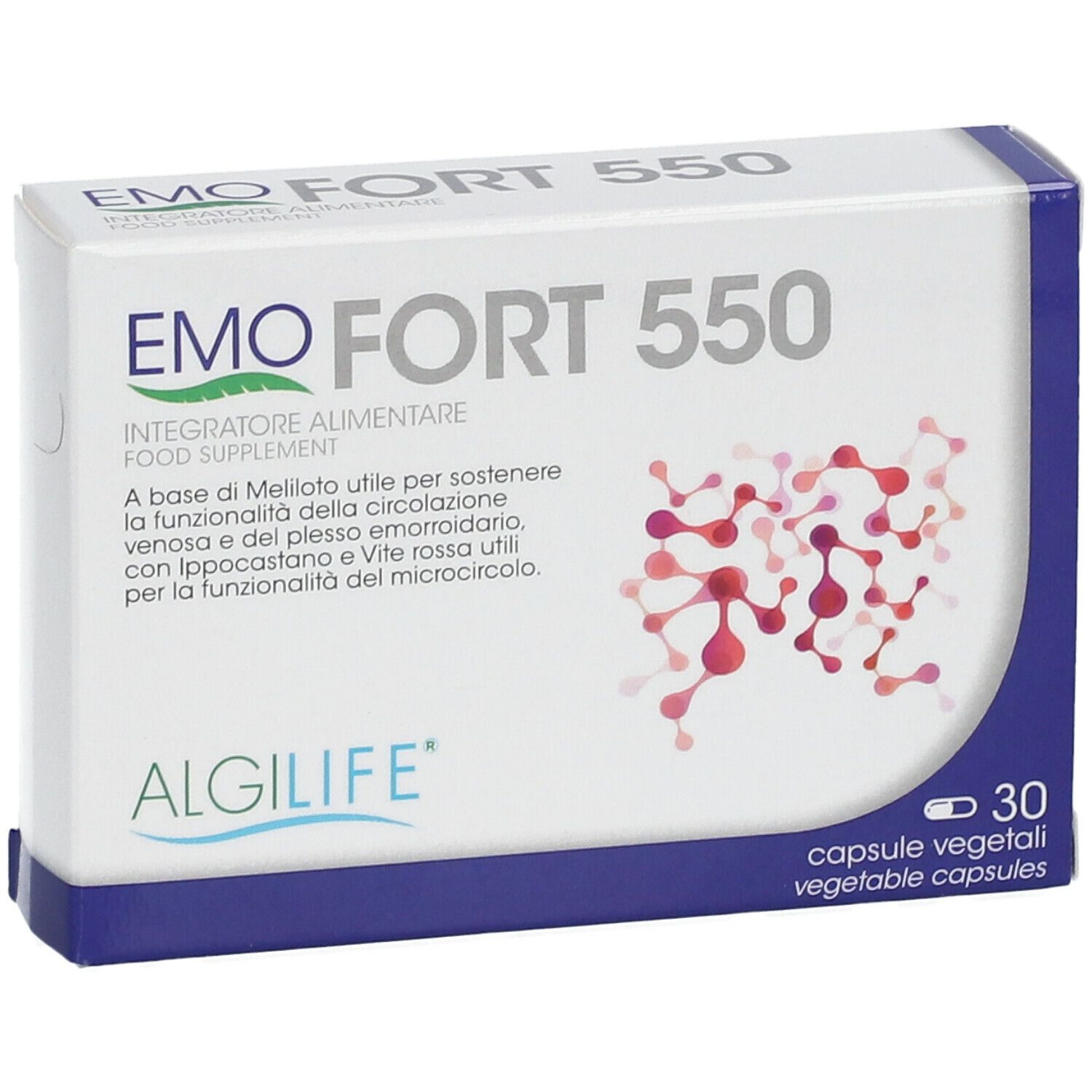 Fronte della scatola "EMO FORT 550". Confezione bianca con base blu e informazioni sul prodotto.