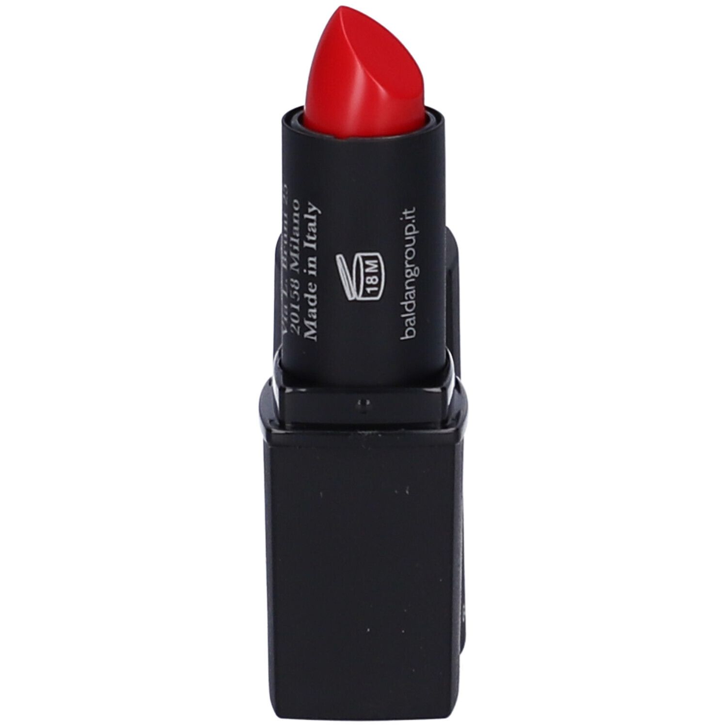 Rossetto rosso in contenitore nero. Aperto, stick visibile. Scritta: Made in Italy, baldangroup.it.