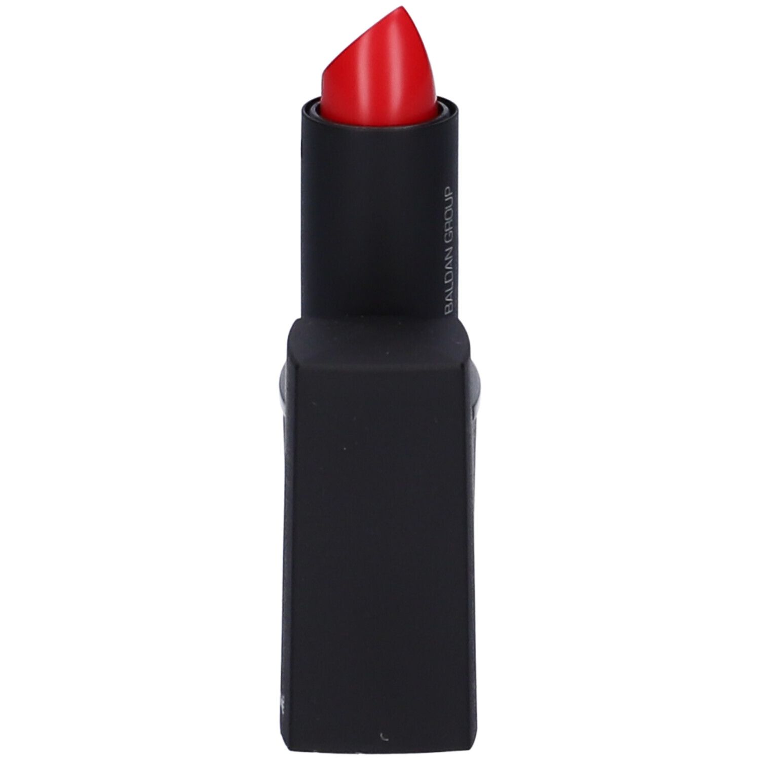 Rossetto rosso in contenitore nero. Aperto, stick visibile. Scritta: baldangroup.it.