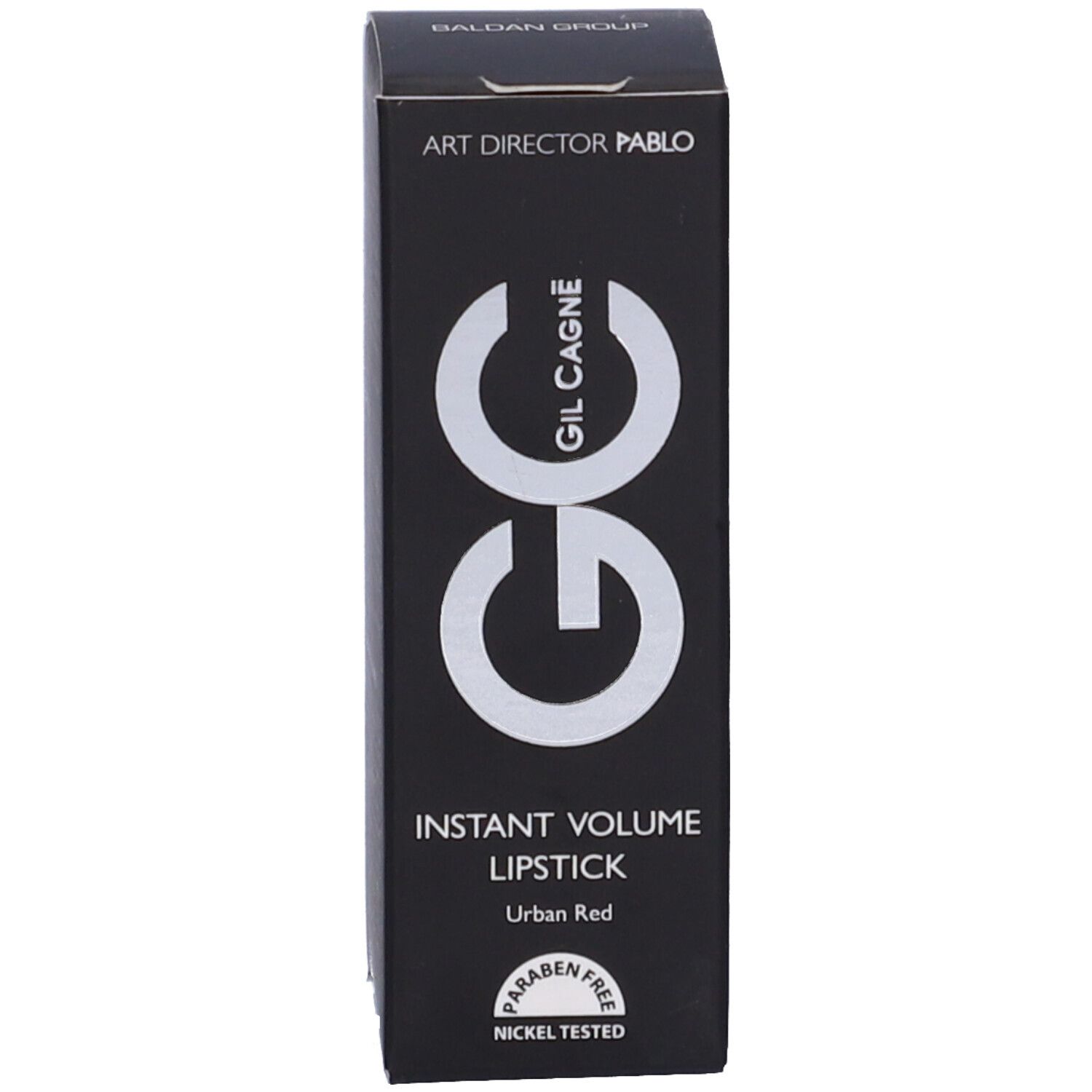 Confezione nera con scritta: GC, INSTANT VOLUME LIPSTICK, Urban Red, Paraben Free, Nickel Tested.
