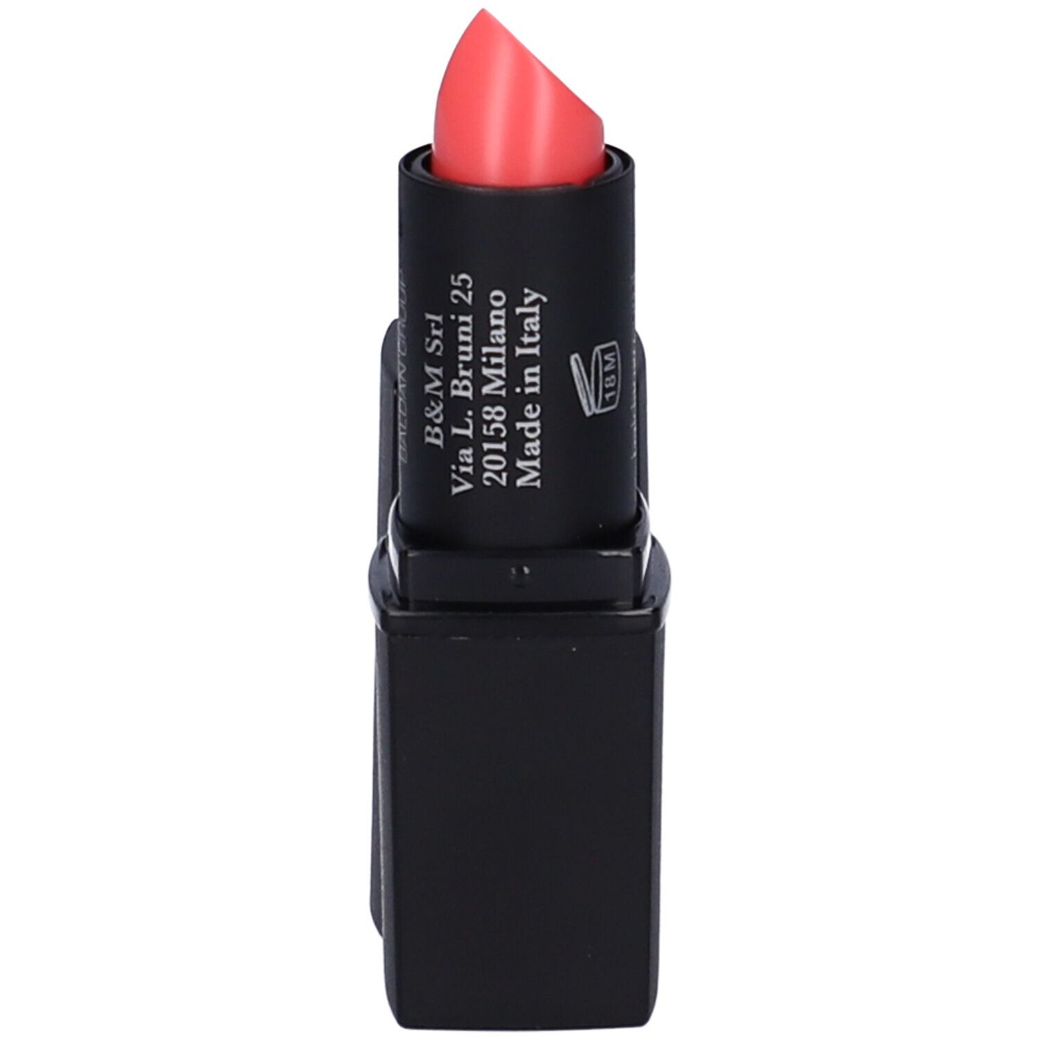 Rossetto nero con punta rosa. Sul rossetto c'è scritto B&M Srl, Via L. Bruni 25, Milano.