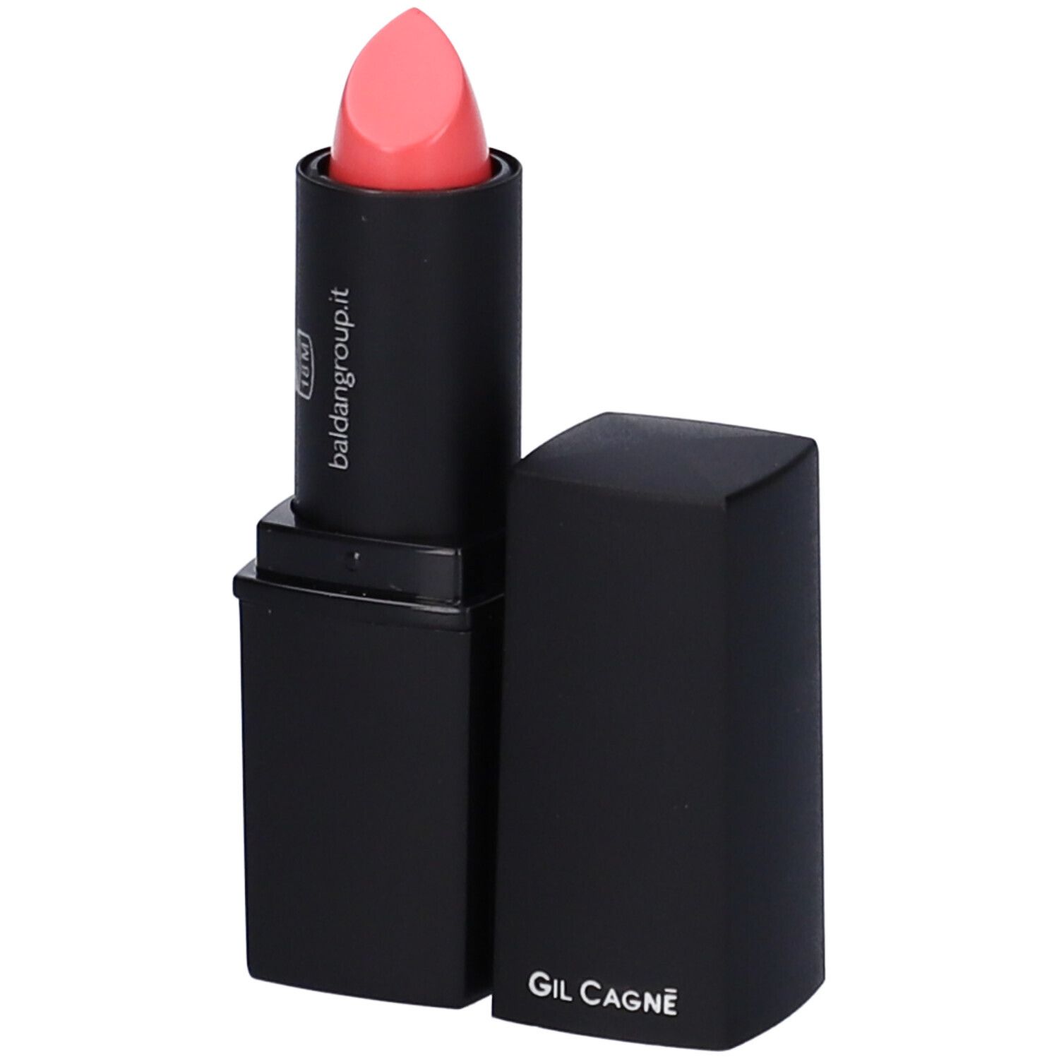 Rossetto nero con punta rosa. Tappo accanto. Sul rossetto c'è scritto baldangroup.it e Gil Cagné.