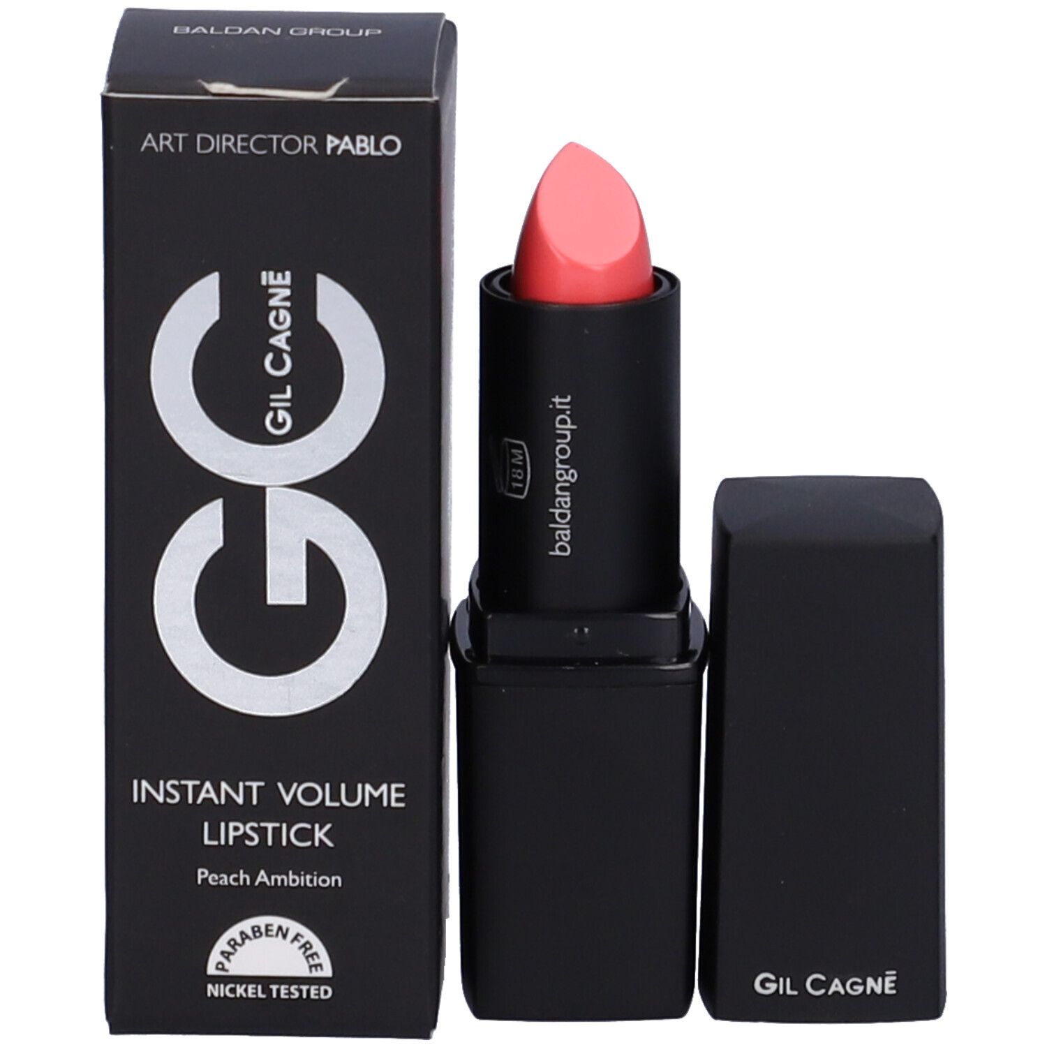 Rossetto nero con punta rosa e confezione. Sulla confezione c'è scritto GC, Instant Volume Lipstick.