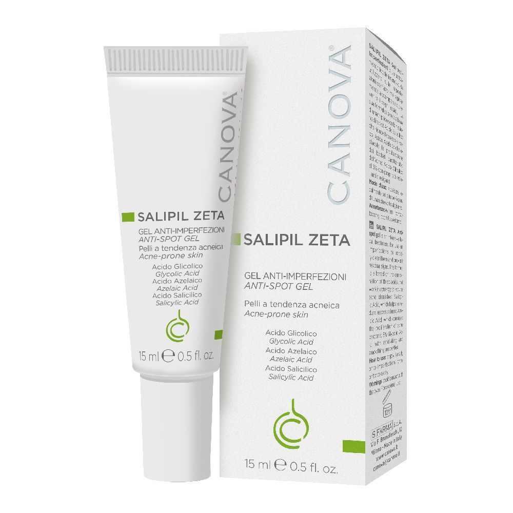 Tubo e scatola bianchi. Scritta SALIPIL ZETA, Gel Anti-imperfezioni. Ingredienti e 15 ml.