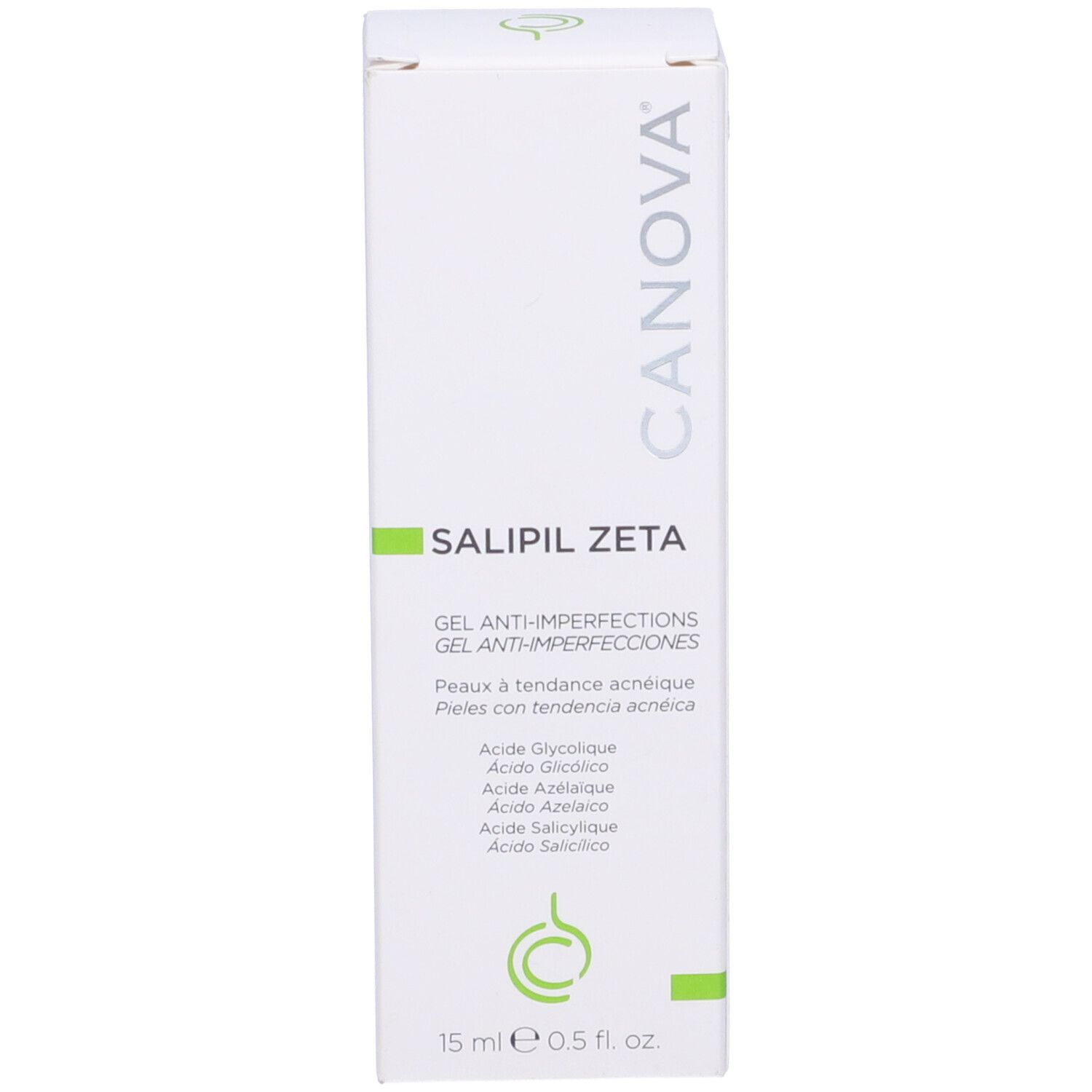 Scatola bianca con scritta SALIPIL ZETA, Gel Anti-imperfezioni. Ingredienti e 15 ml.