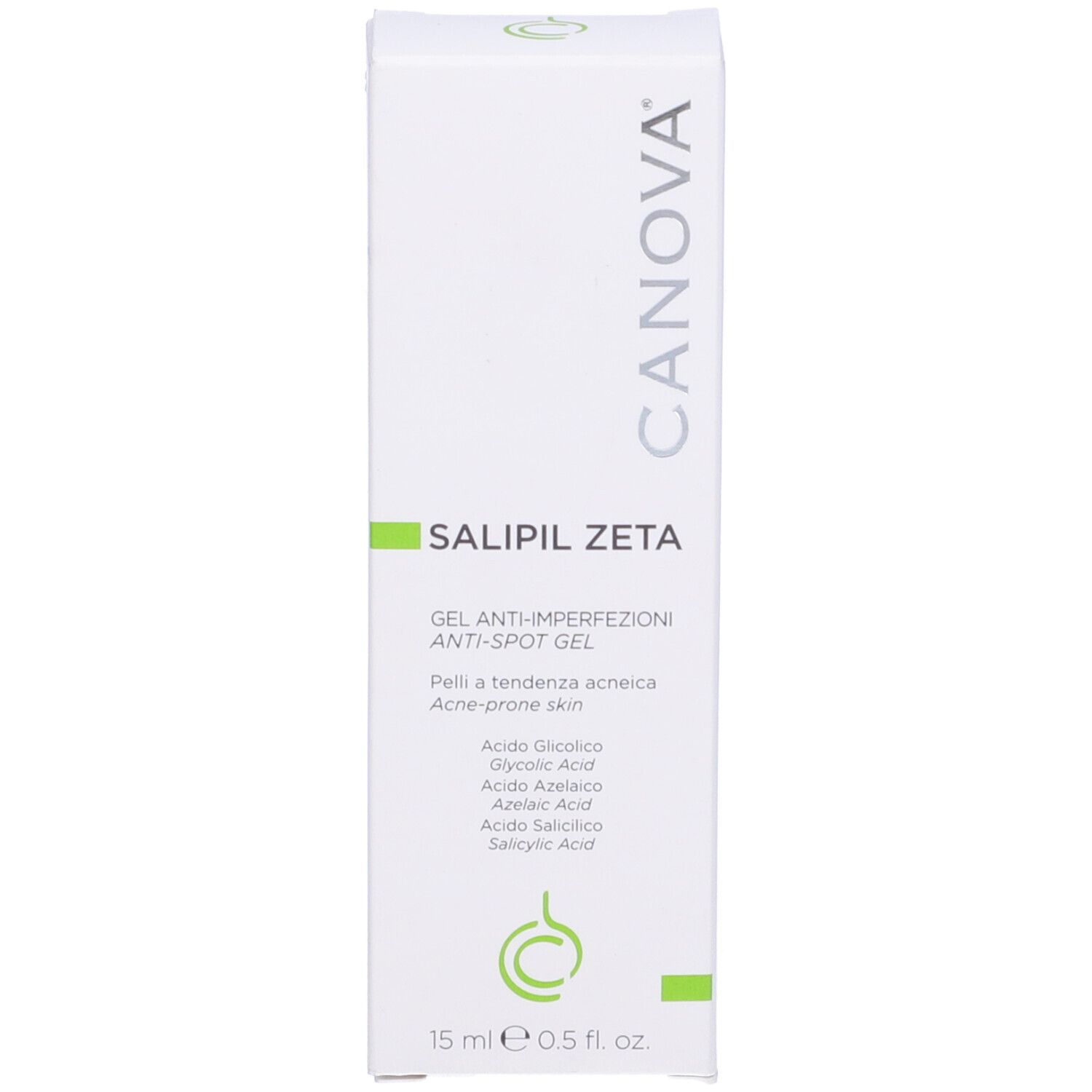 Scatola bianca con scritta SALIPIL ZETA, Gel Anti-imperfezioni. Ingredienti e 15 ml.