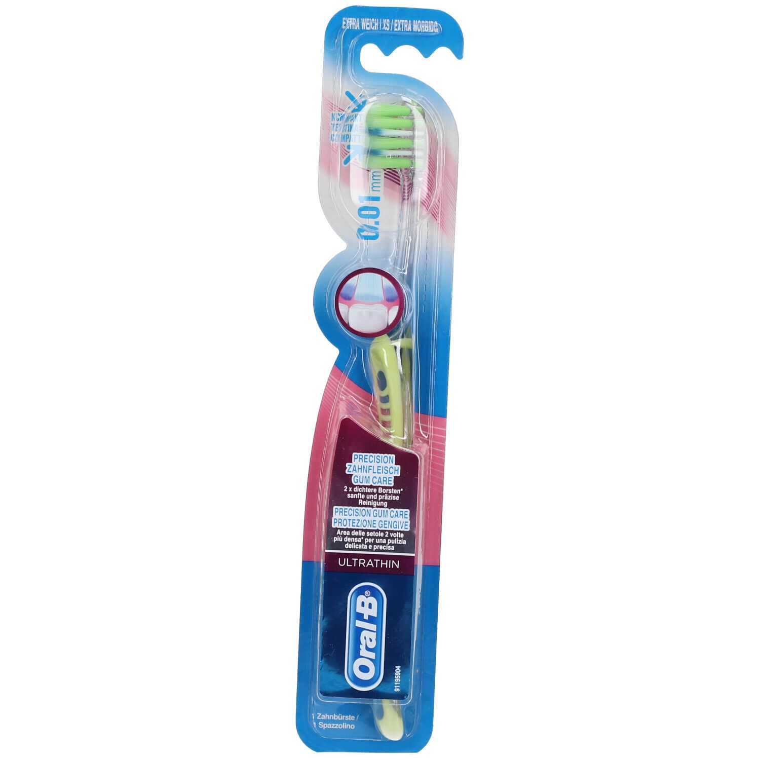 Spazzolino con testina verde e manico trasparente. Confezione con nome prodotto e marchio Oral-B.