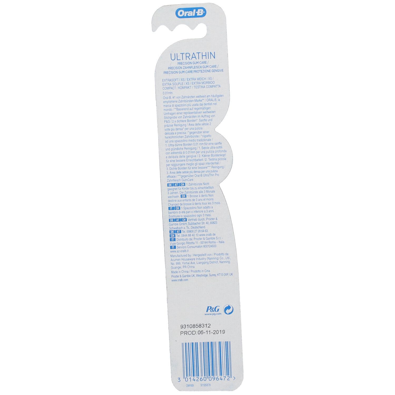 Retro della confezione. Testo con informazioni sul prodotto e codice a barre. Marchio Oral-B e logo P&G.