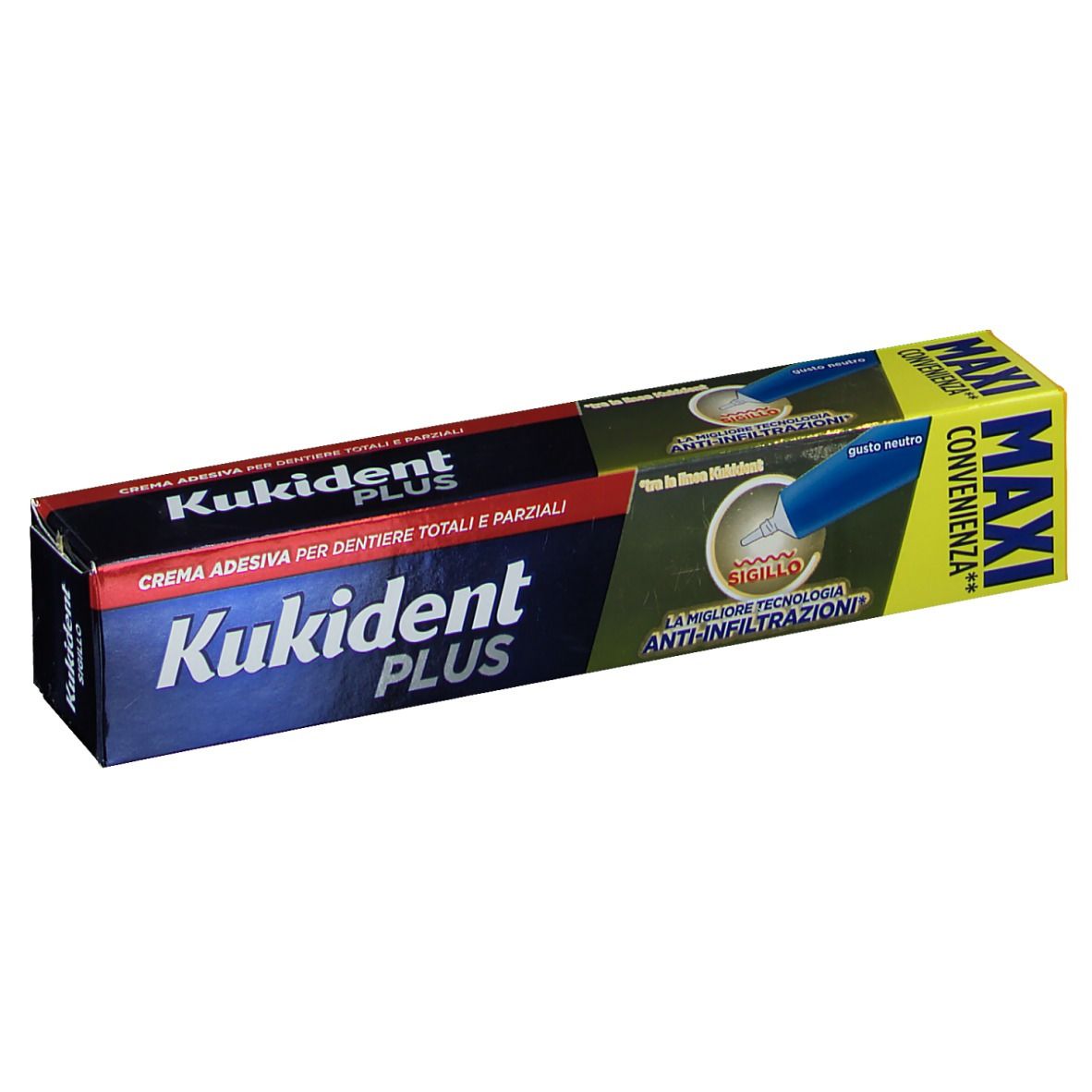 Confezione Kukident Plus Sigillo. Scatola blu, rossa e gialla. Testo: "MAXI CONVENIENZA".