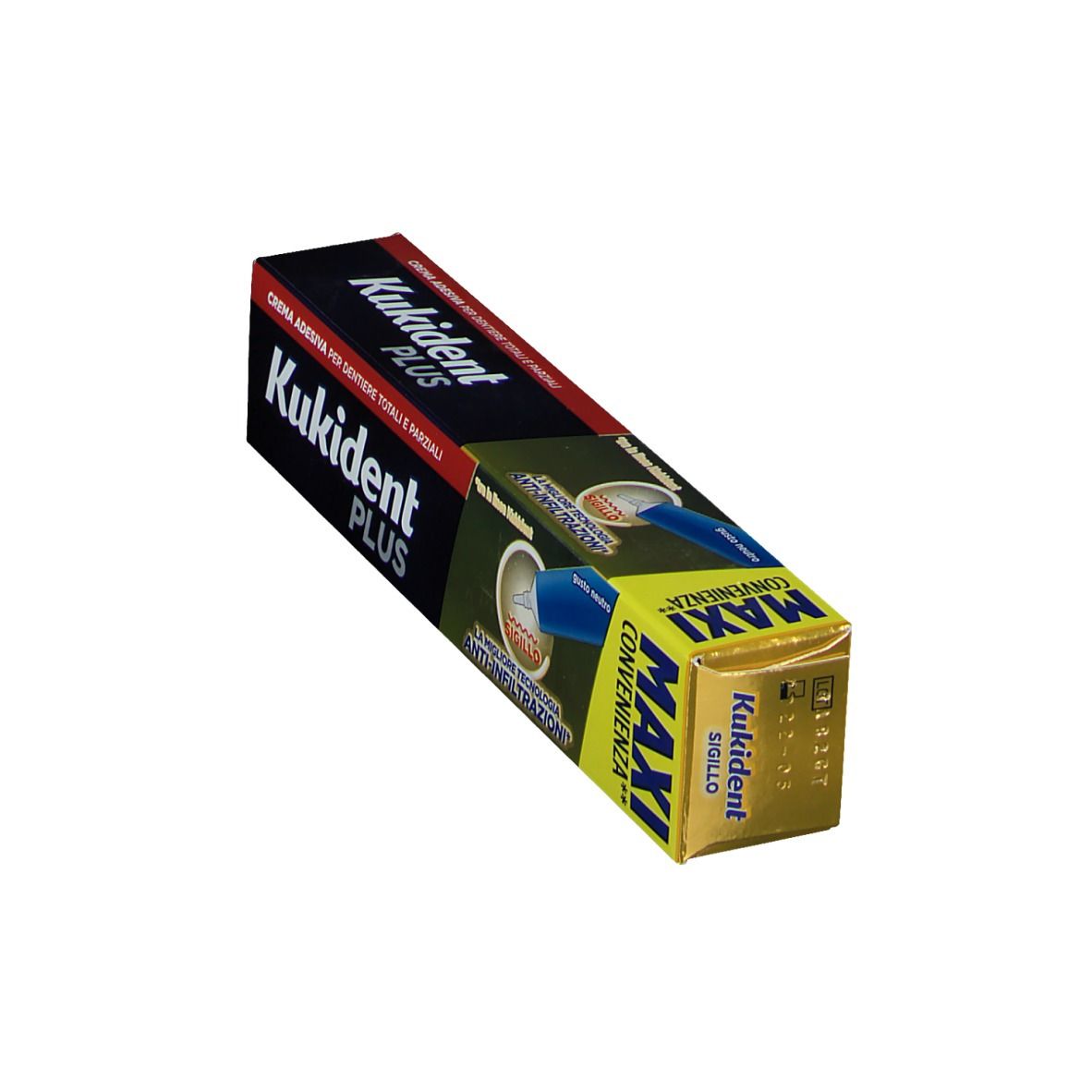 Confezione Kukident Plus Sigillo in prospettiva. Colori blu, rosso e giallo. Testo: "MAXI CONVENIENZA".
