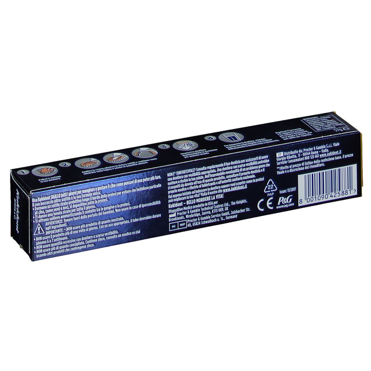 Retro della confezione Kukident Plus Sigillo. Sfondo nero con testo e loghi. Marchio CE.