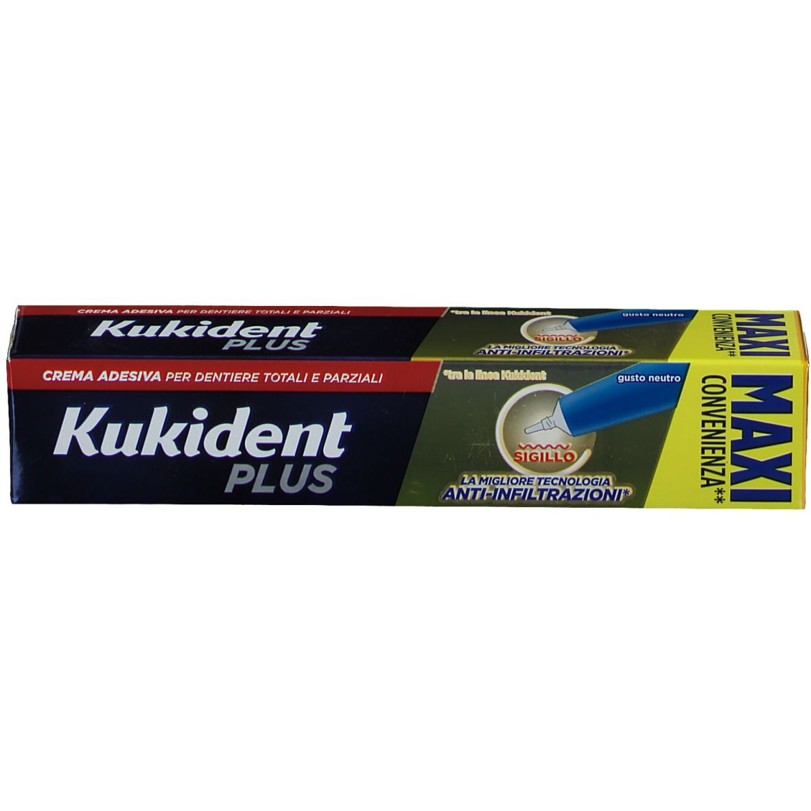 Confezione Kukident Plus Sigillo. Scatola blu, rossa e gialla. Testo: "MAXI CONVENIENZA". Illustrazione del prodotto.