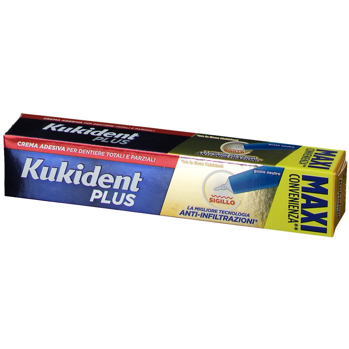Confezione Kukident Plus Sigillo. Scatola blu, rossa e gialla. Testo: "MAXI CONVENIENZA". Illustrazione del prodotto.