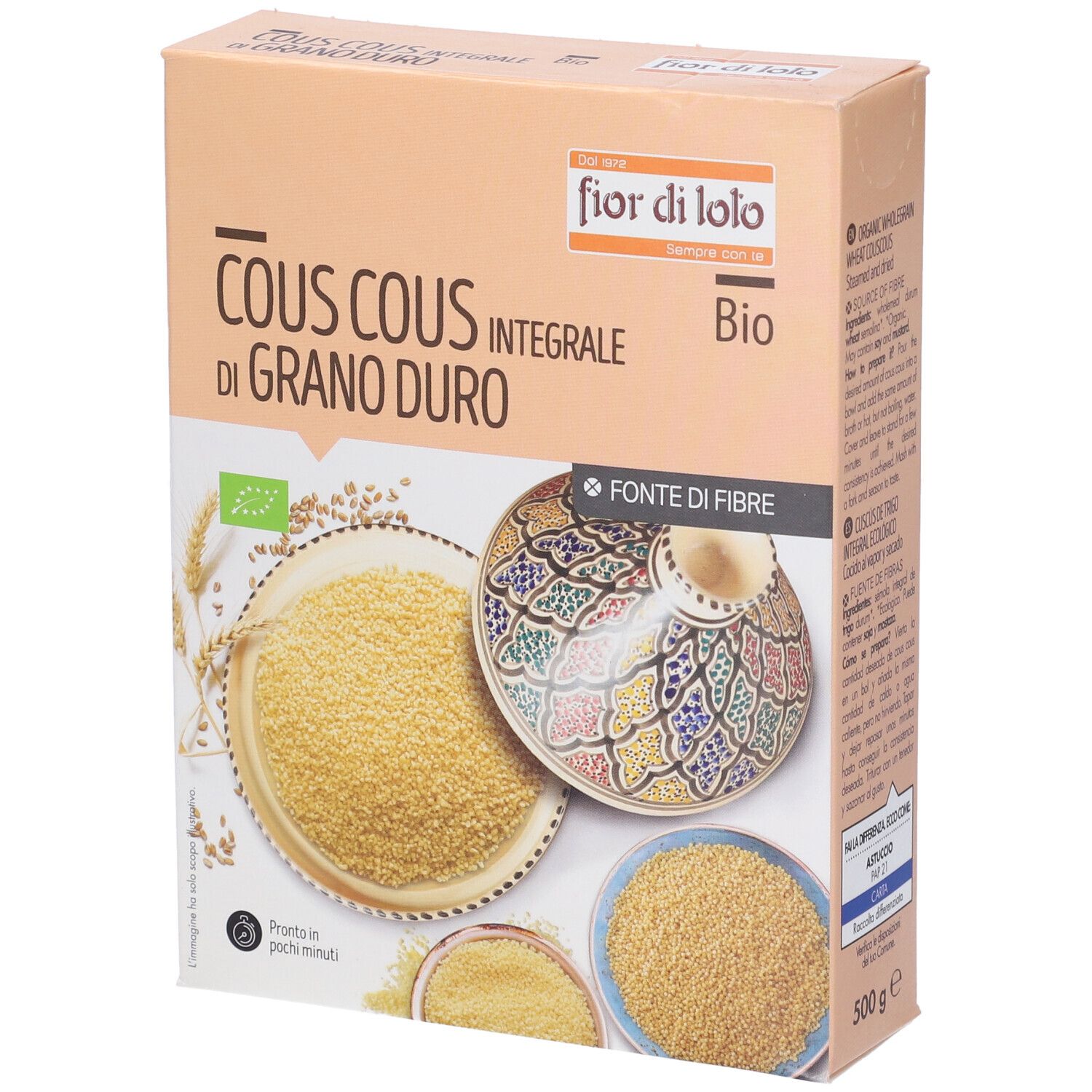 Confezione di couscous. Scritta: Cous Cous Integrale di Grano Duro Bio. Immagini di couscous e di un vaso decorato.