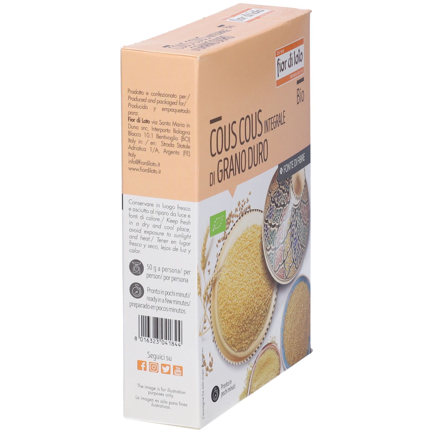 Confezione di couscous, vista obliqua. Scritta: Cous Cous Integrale di Grano Duro Bio. Immagini di couscous.