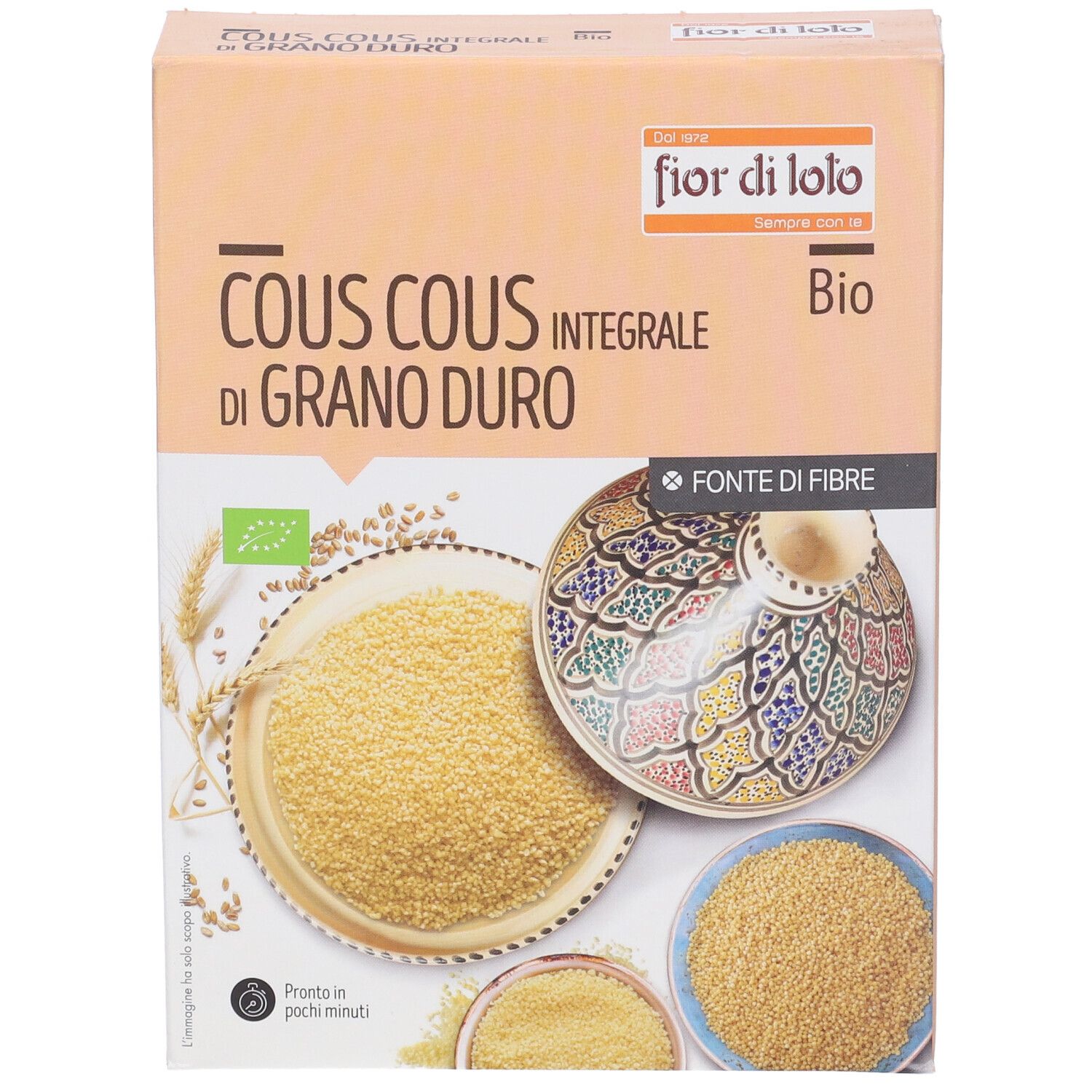 Confezione di couscous. Scritta: Cous Cous Integrale di Grano Duro Bio. Immagini di couscous e di un vaso decorato.