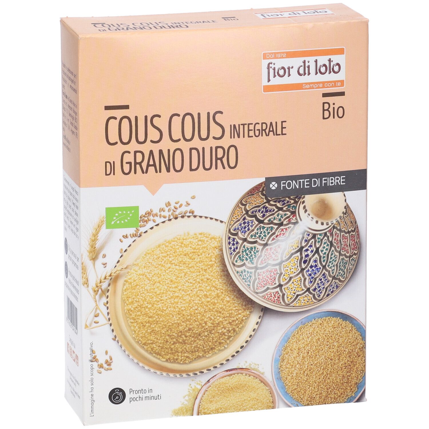 Confezione di couscous. Scritta: Cous Cous Integrale di Grano Duro Bio. Immagini di couscous e di un vaso decorato.