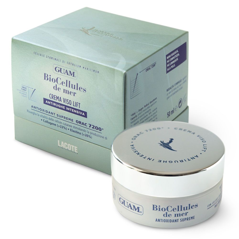 Vaso e scatola. GUAM BioCellules de mer, Crema Viso Lift, Antirughe Intensiva. Antioxidant Supreme ORAC 7200.