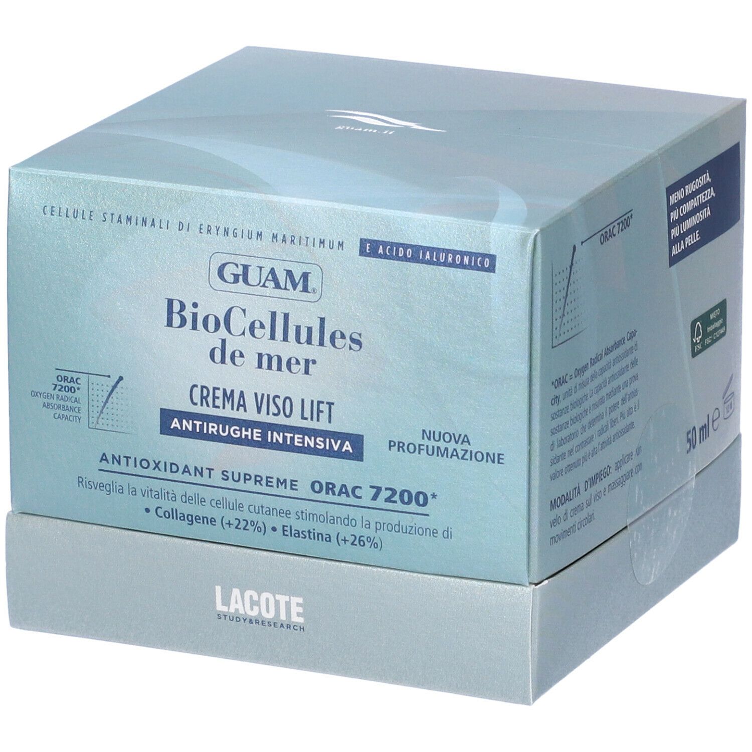 Scatola. GUAM BioCellules de mer, Crema Viso Lift, Antirughe Intensiva. Antioxidant Supreme ORAC 7200. Lacote.