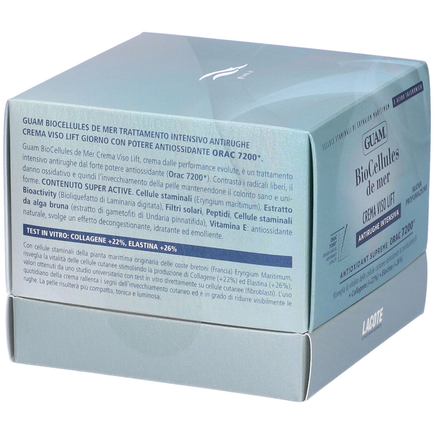 Scatola. GUAM BioCellules de mer, Crema Viso Lift, Antirughe Intensiva. Testo. Lacote.