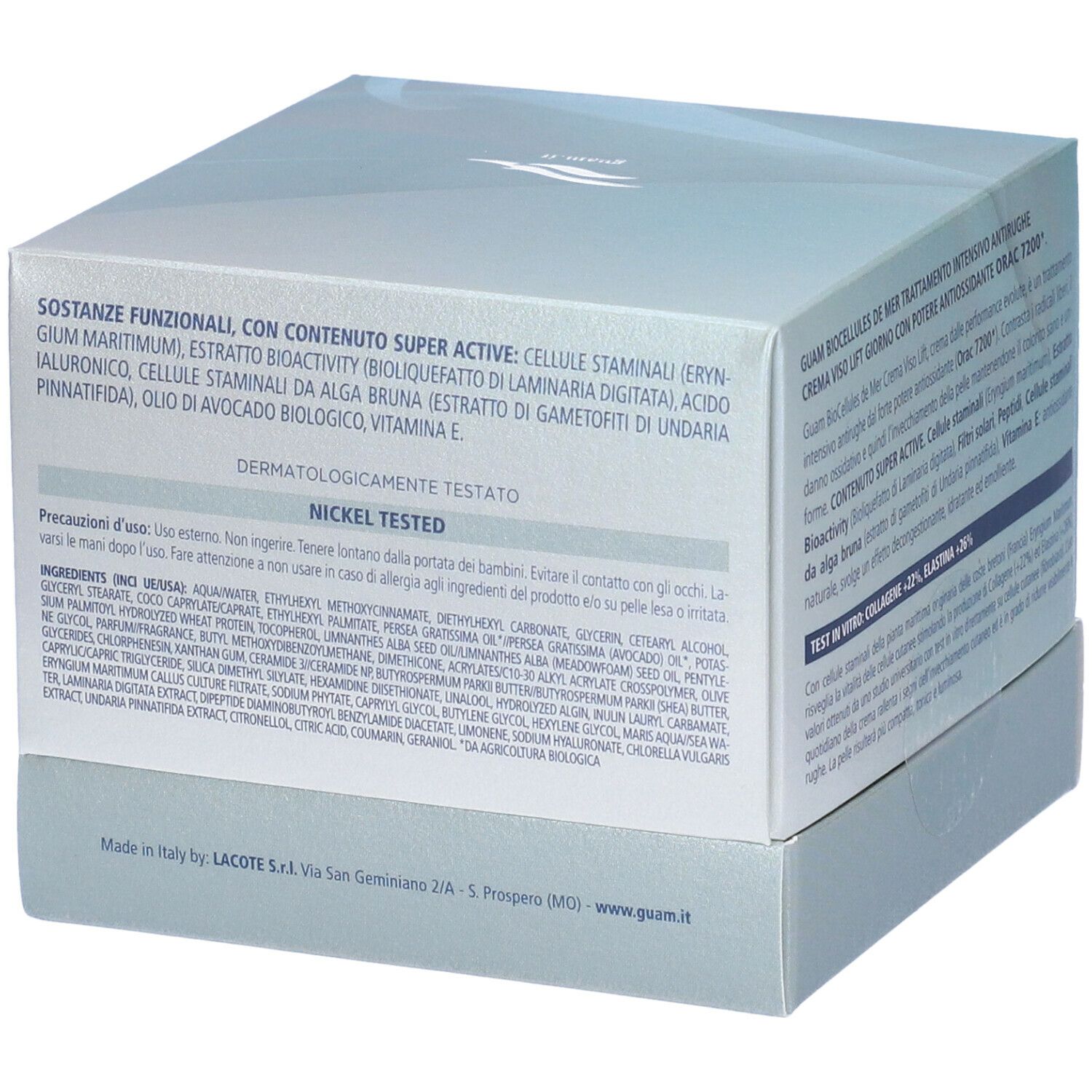 Scatola. GUAM BioCellules de mer, Crema Viso Lift, Antirughe Intensiva. Testo. Nickel Tested.
