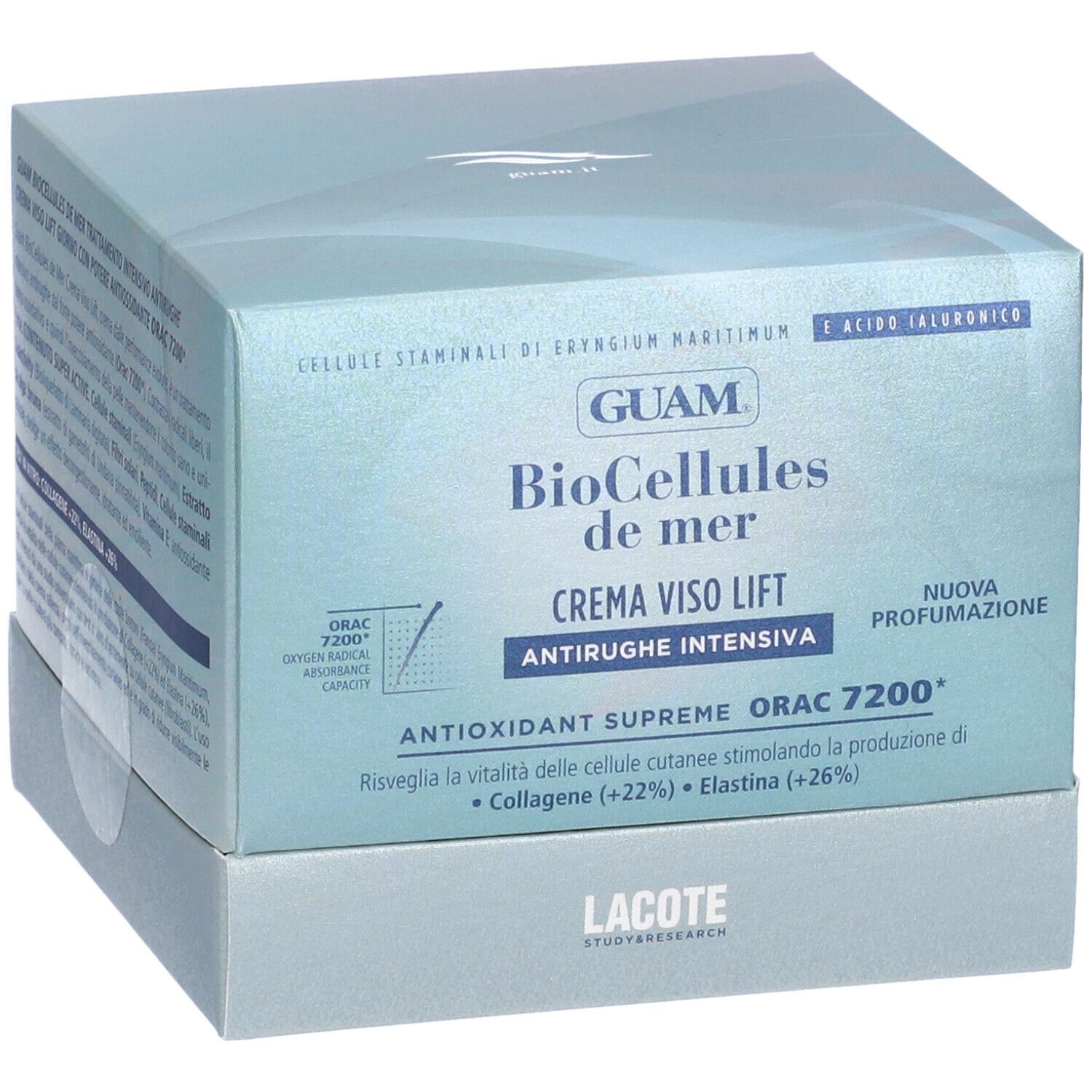 Scatola. GUAM BioCellules de mer, Crema Viso Lift, Antirughe Intensiva. Antioxidant Supreme ORAC 7200. Lacote.