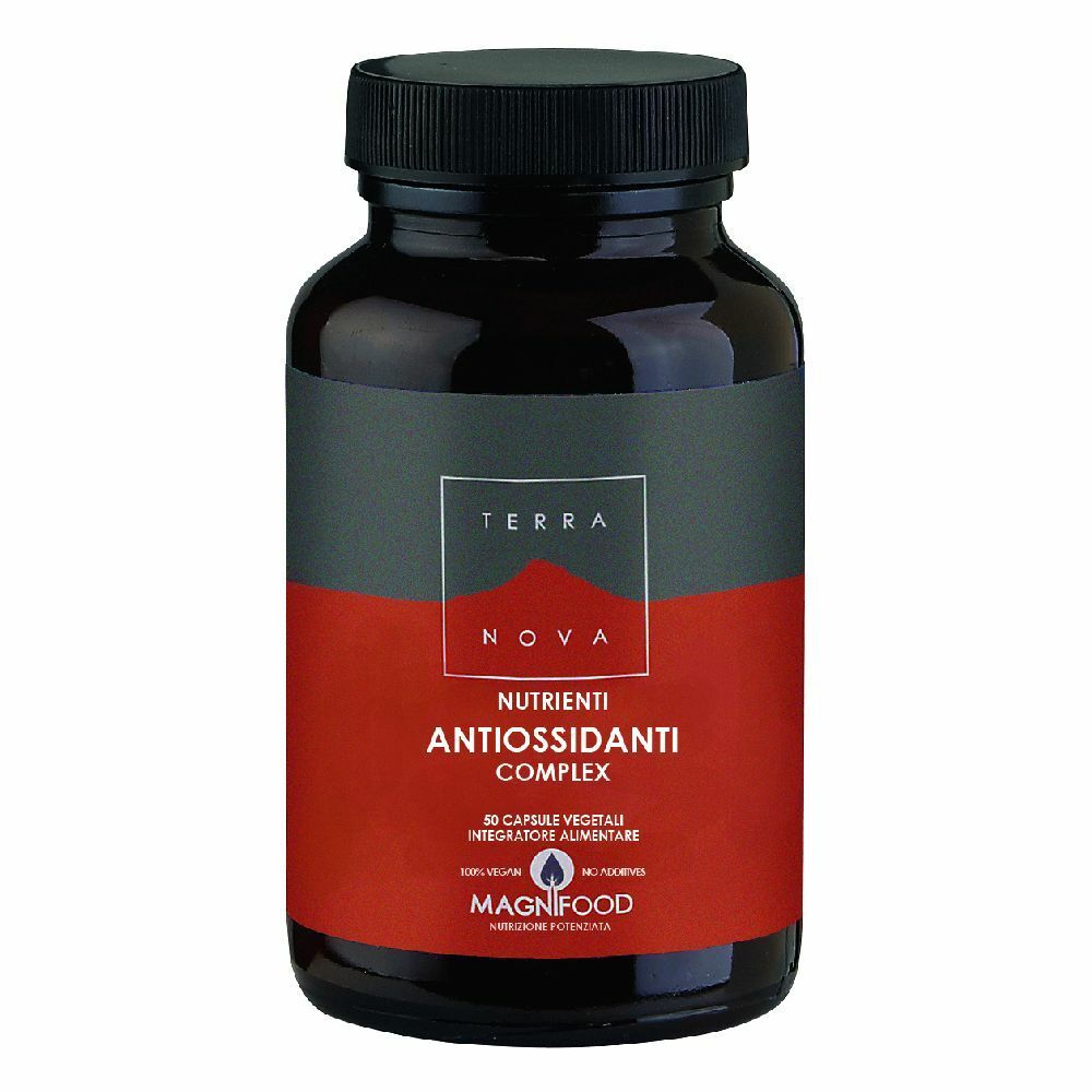 Flacone marrone con tappo nero. Etichetta rossa e grigia con testo: TERRA NOVA, ANTIOSSIDANTI COMPLEX.