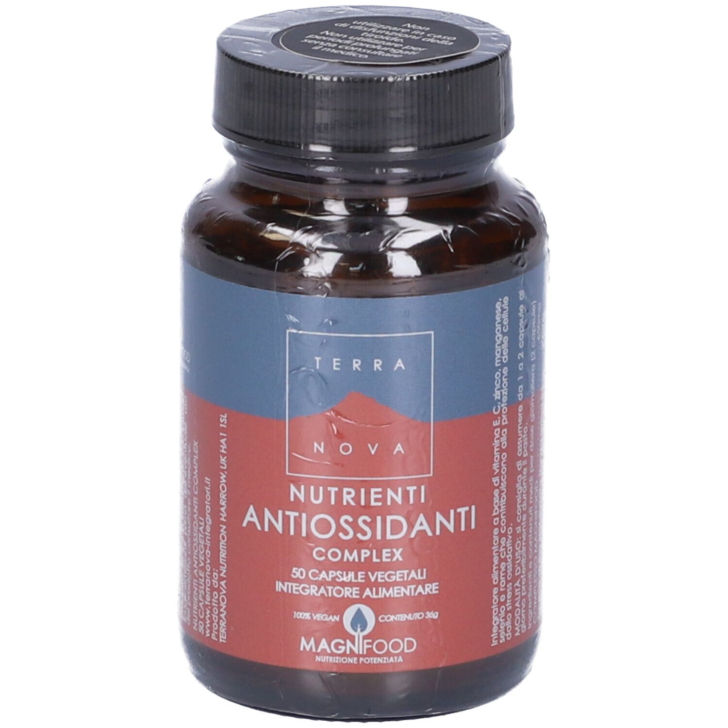 Flacone marrone con tappo nero, avvolto in pellicola. Etichetta rossa e blu con testo: TERRA NOVA, ANTIOSSIDANTI COMPLEX.