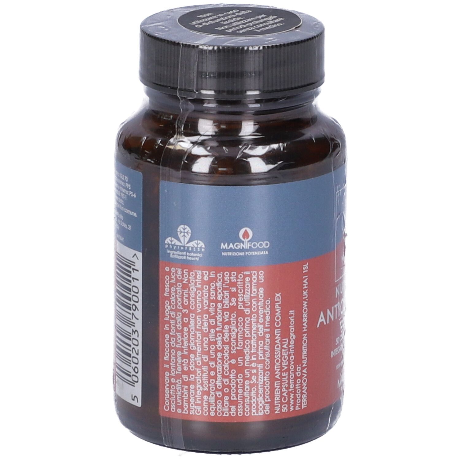 Flacone marrone con tappo nero, avvolto in pellicola. Retro con testo e codice a barre. Etichetta: TERRA NOVA, ANTIOSSIDANTI COMPLEX.