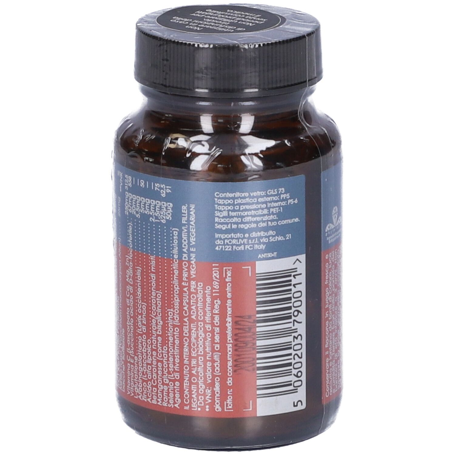 Flacone marrone con tappo nero, avvolto in pellicola. Retro con testo e codice a barre. Etichetta: TERRA NOVA, ANTIOSSIDANTI COMPLEX.