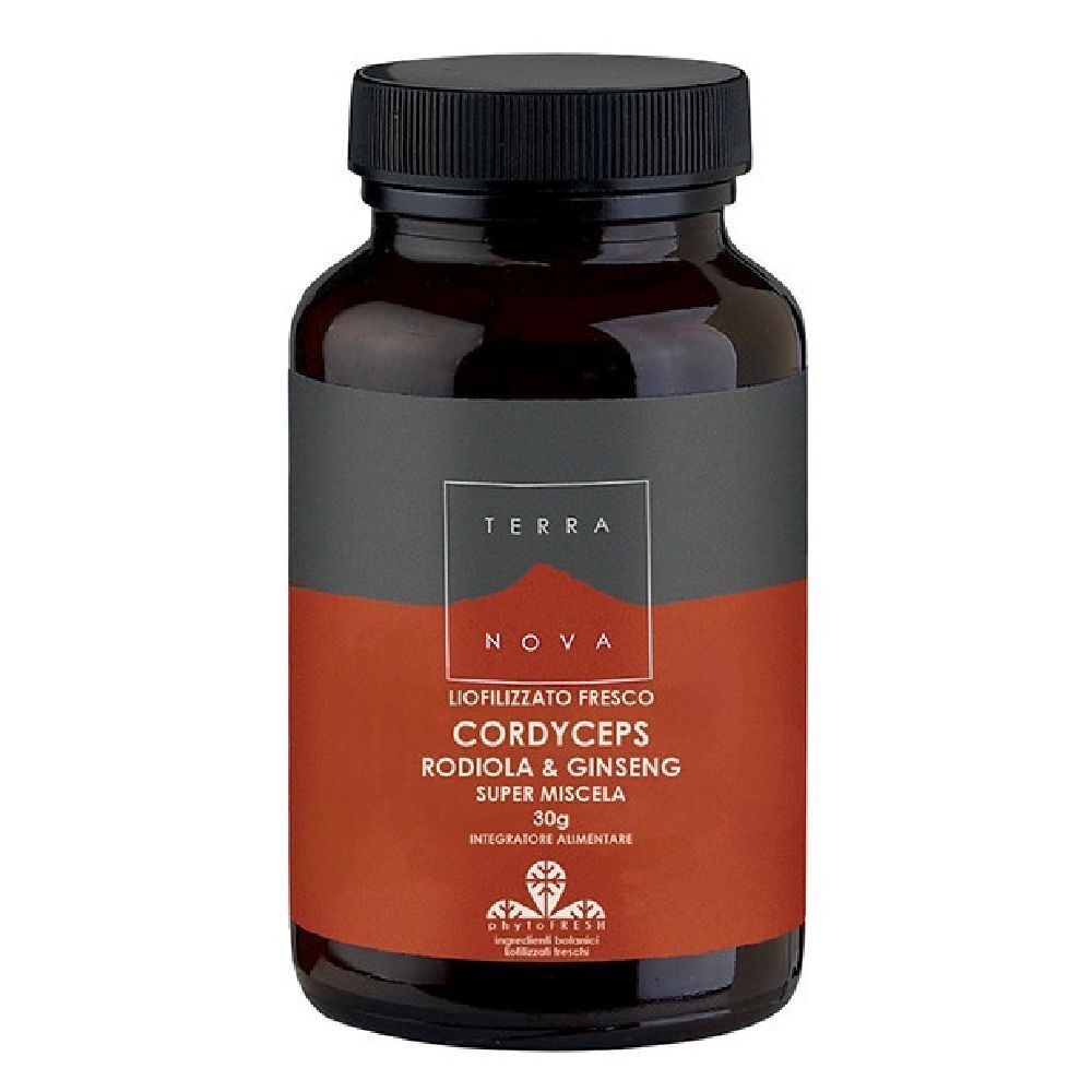 Flacone di vetro marrone con tappo nero. Etichetta con testo: Cordyceps Rodiola & Ginseng. Marchio: Terra Nova.