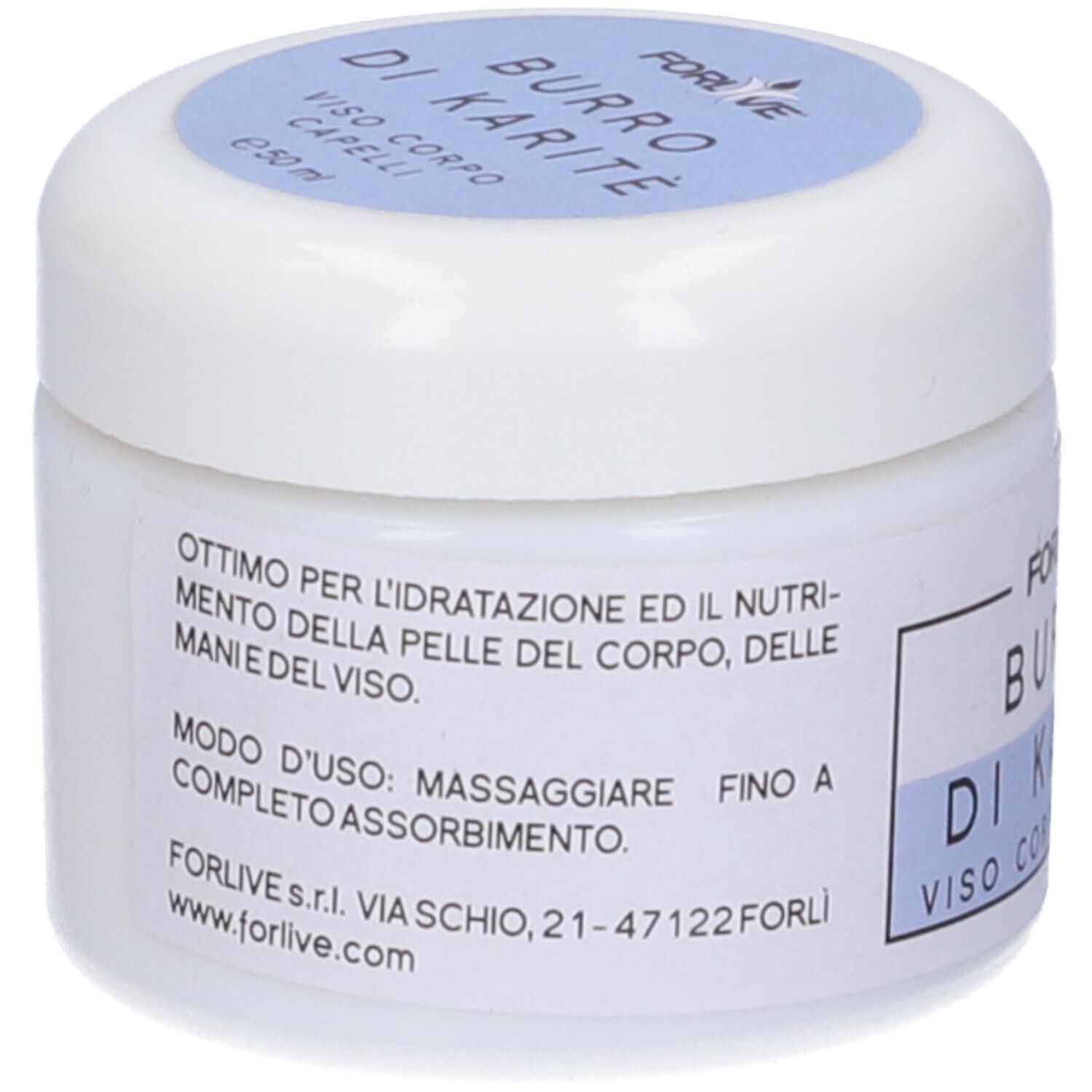Vasetto bianco con coperchio blu. Scritta: Forlive Burro Di Karité. Retro con testo e sito web.