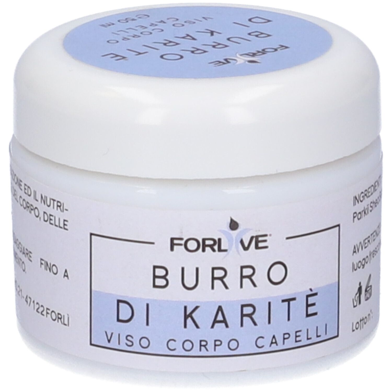 Vasetto bianco con coperchio blu. Scritta: Forlive Burro Di Karité. Per viso, corpo e capelli.