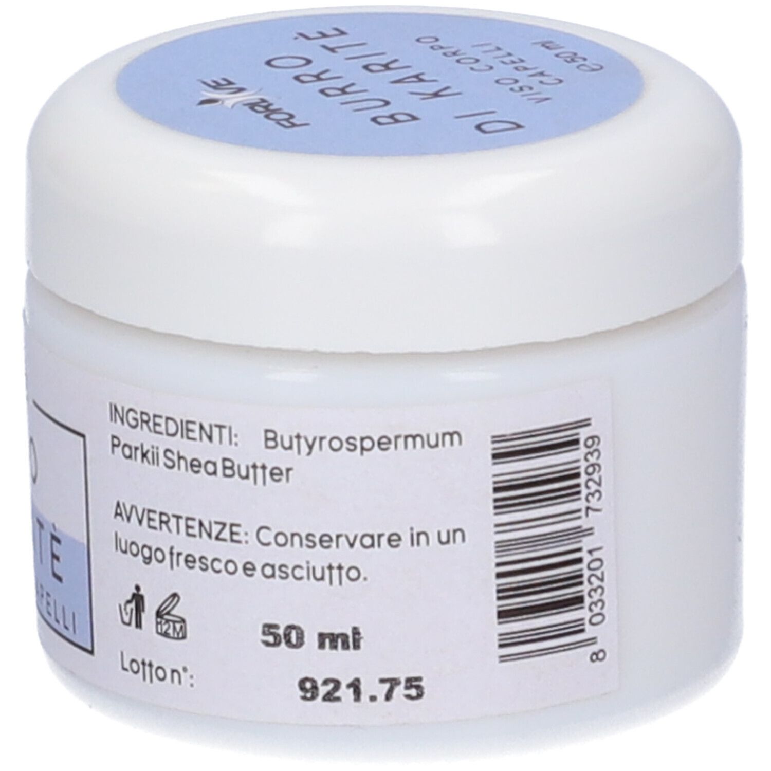 Vasetto bianco con coperchio blu. Scritta: Forlive Burro Di Karité. Ingredienti, avvertenze, codice a barre.