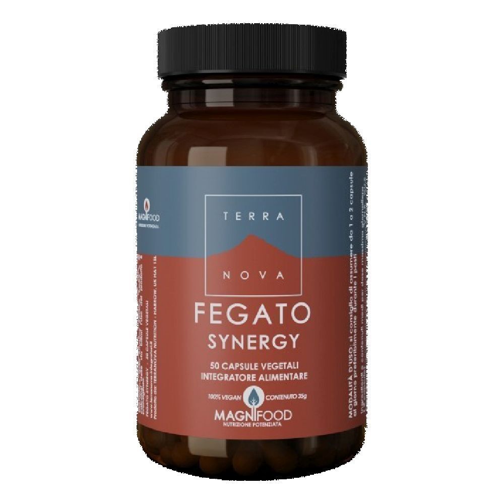 Flacone di vetro marrone con tappo nero. Etichetta con nome del prodotto e logo. 50 capsule vegetali.