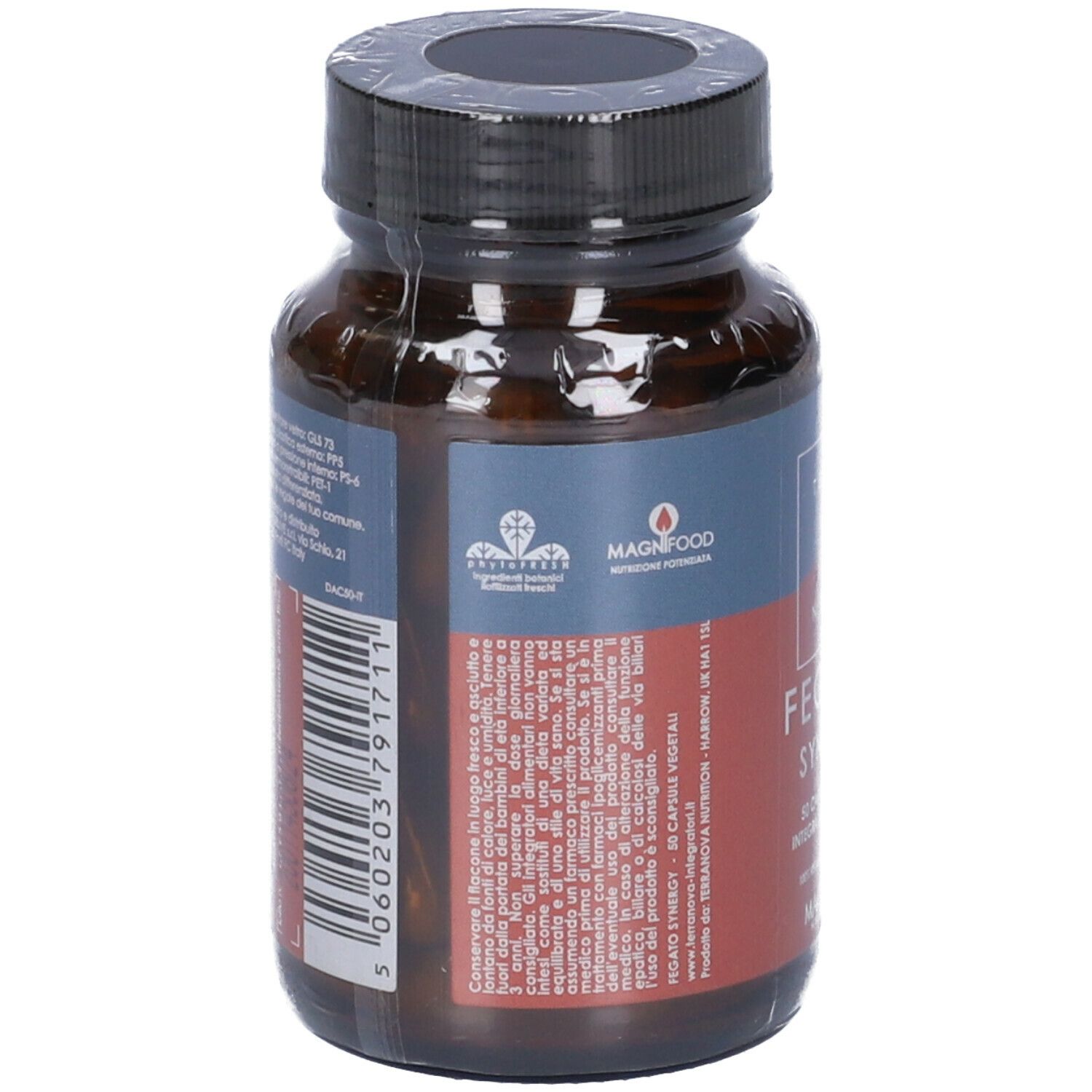 Flacone di vetro marrone, avvolto in plastica. Retro con testo e logo. 50 capsule. Con certificazione.