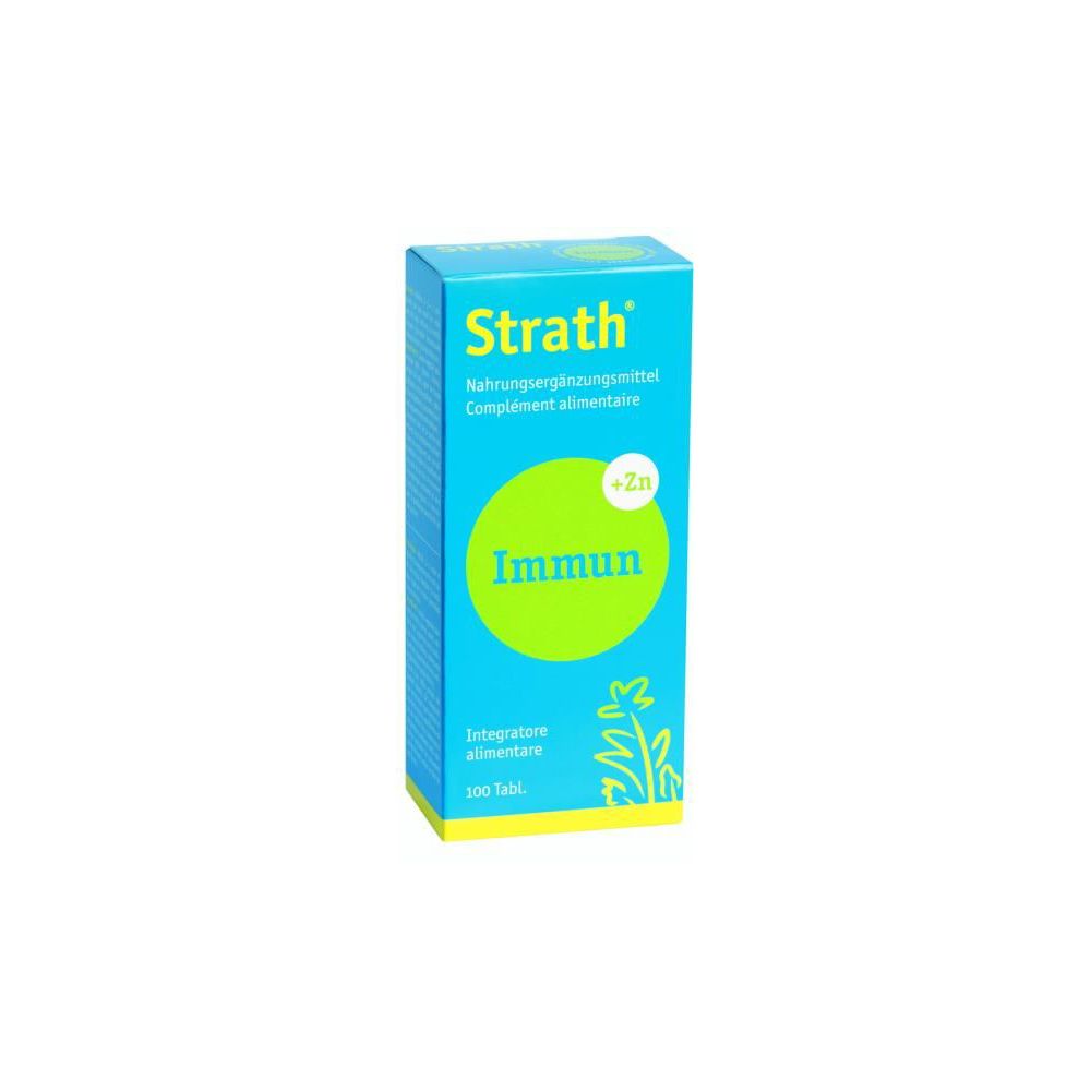 Scatola blu e gialla "Strath Immun". Cerchio verde con "+Zn" e "Immun". In basso "100 Tabl."