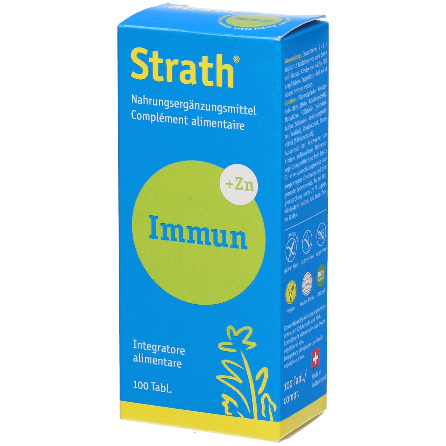 Scatola blu e gialla "Strath Immun". Cerchio verde con "+Zn" e "Immun". Testo e loghi sul lato.