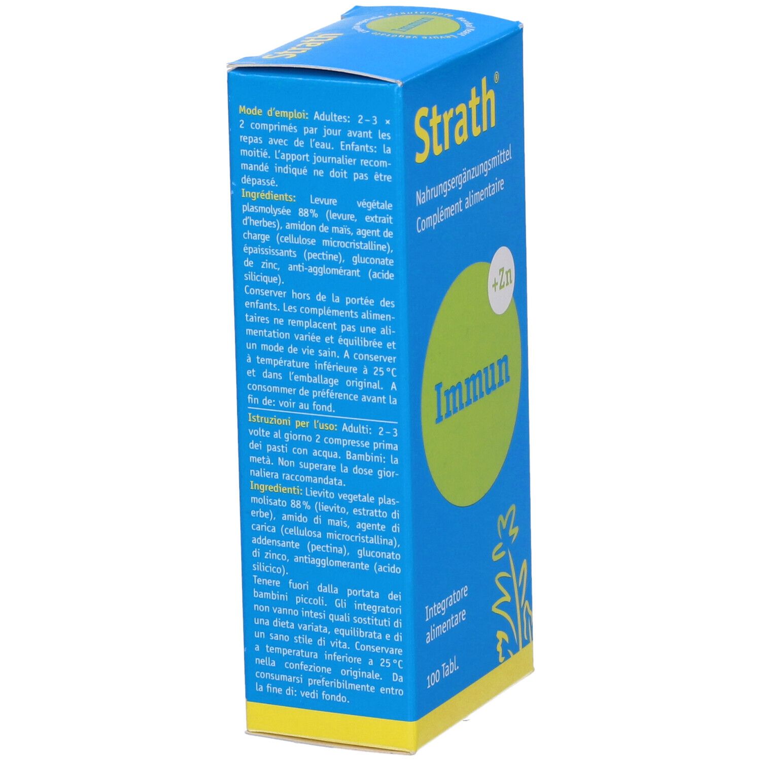 Scatola blu e gialla "Strath Immun". Cerchio verde con "+Zn" e "Immun". Testo e loghi sul lato.