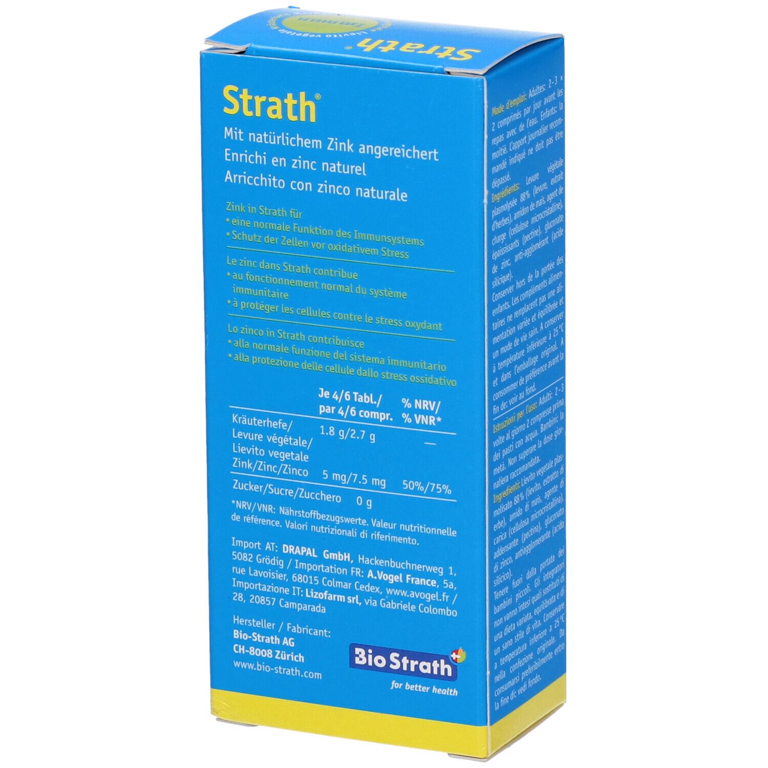 Scatola blu e gialla "Strath Immun". Cerchio verde con "+Zn" e "Immun". Testo e loghi sul lato.