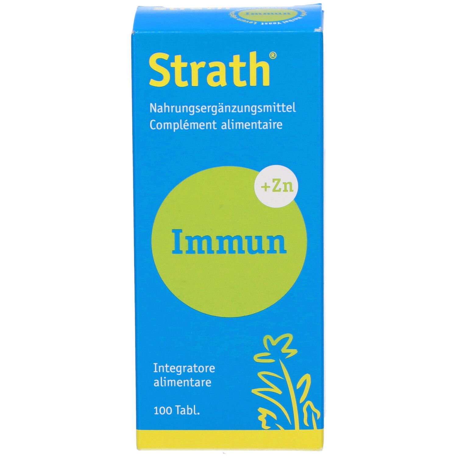 Scatola blu e gialla "Strath Immun". Cerchio verde con "+Zn" e "Immun". In basso "100 Tabl."