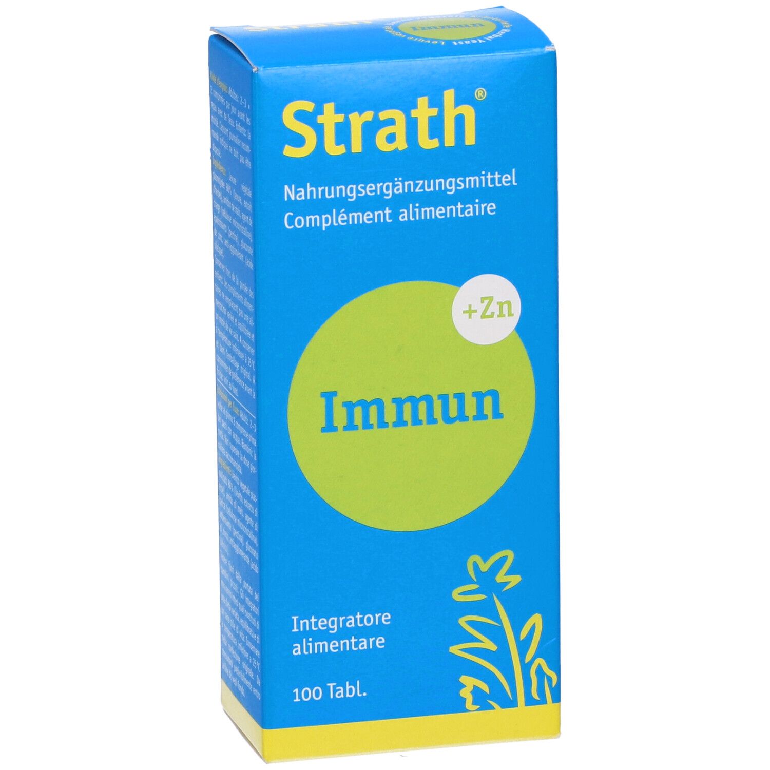 Scatola blu e gialla "Strath Immun". Cerchio verde con "+Zn" e "Immun". In basso "100 Tabl."
