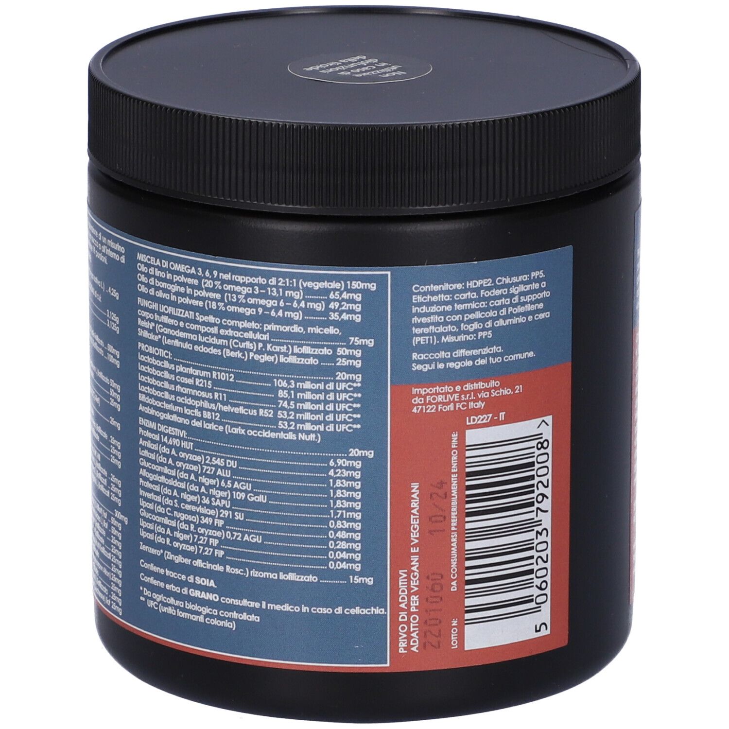 Retro del barattolo Terranova Life Drink. Coperchio nero, sfondo rosso. Elenco ingredienti e informazioni nutrizionali.