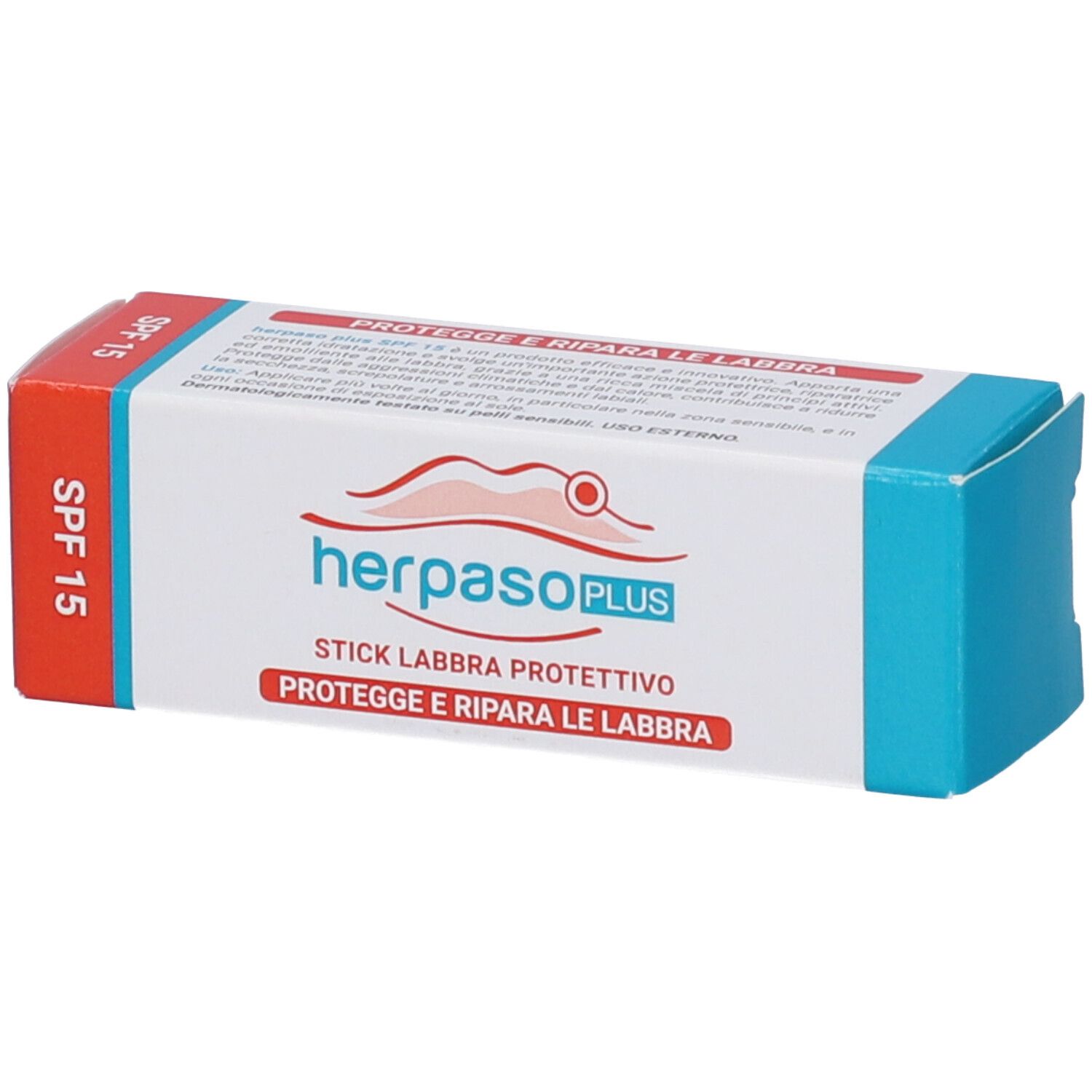 Herpaso Plus SPF15 Stick Labbra Protettivo. Scatola bianca con dettagli rossi e blu. Testo: SPF 15.