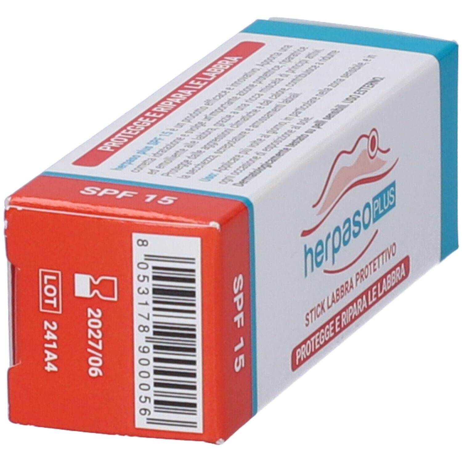 Herpaso Plus SPF15 Stick Labbra Protettivo. Scatola con lato rosso. Testo: SPF 15, lotto e scadenza.